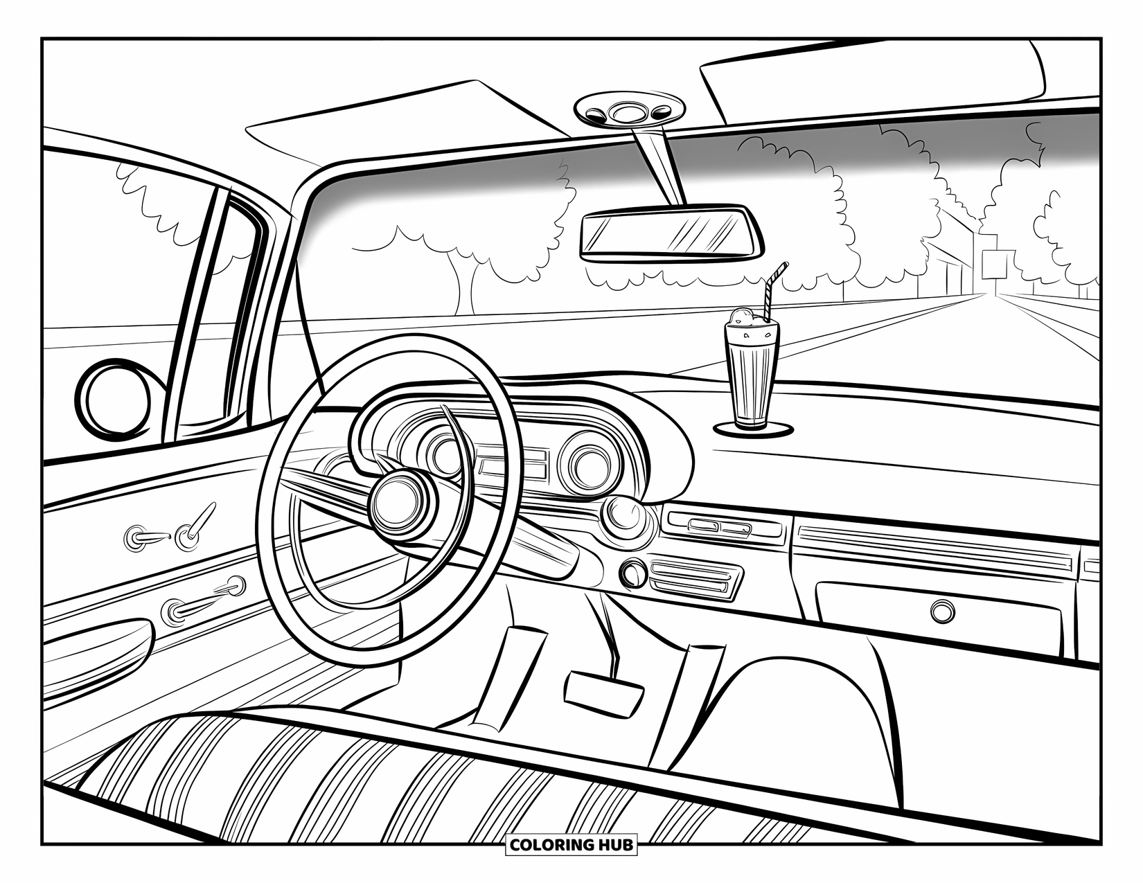 Soda Coloring Page for Kids: Vintage car view with soda float and trees outside