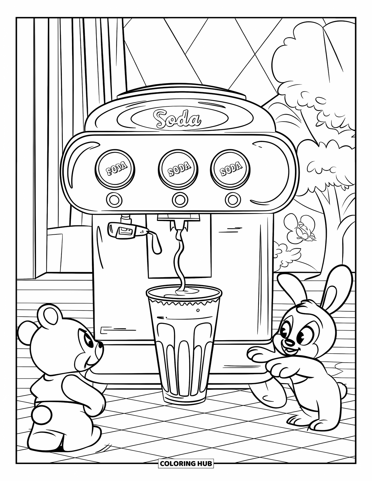 Soda Coloring Page for Kids: Vintage soda machine fills a cup as a bear and rabbit watch