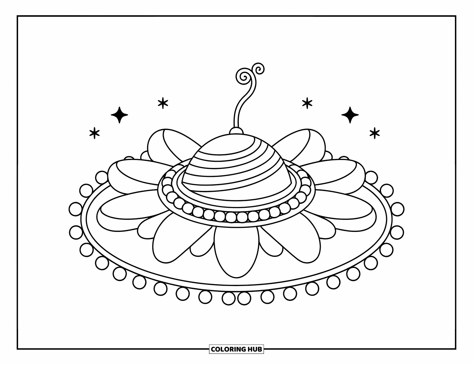 Spaceship Coloring Page for Adults: Cute spaceship with six soft petals and a curled sprout antenna