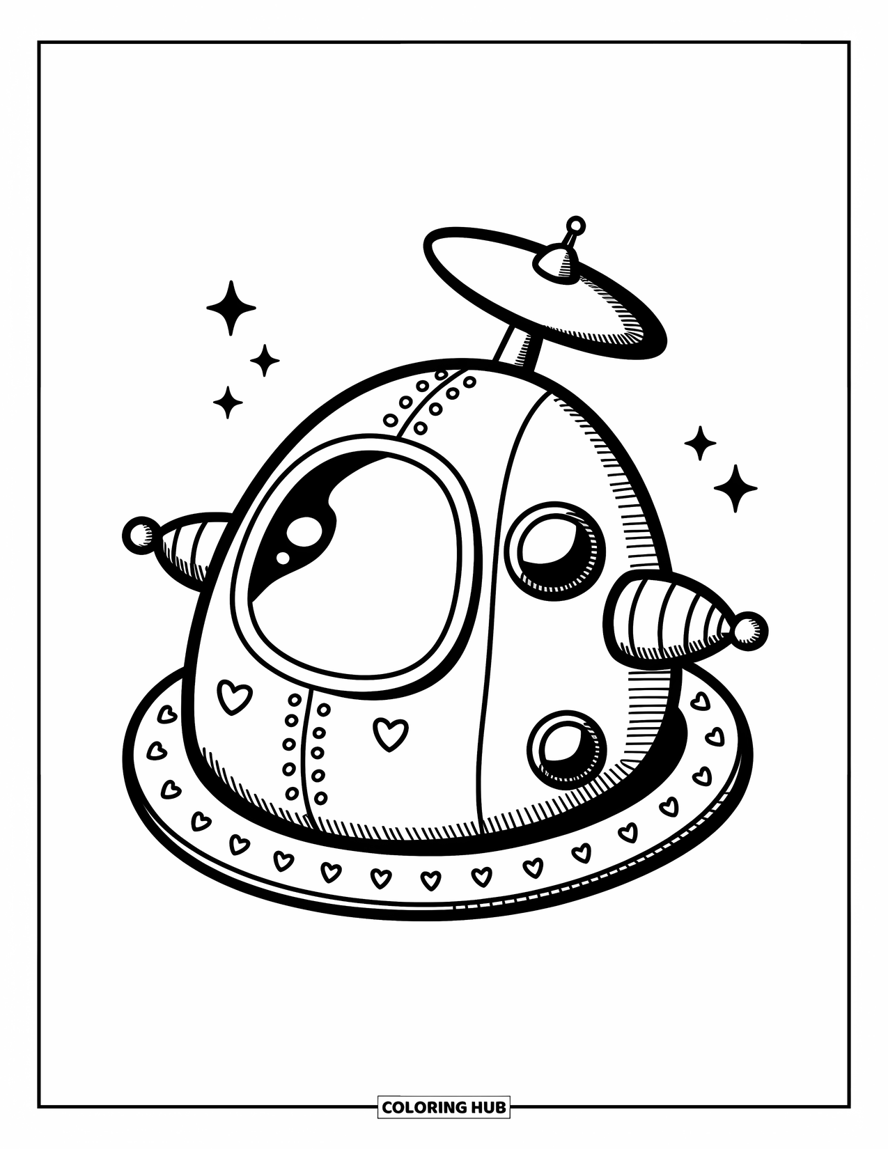 Spaceship Coloring Page for Adults: Floppy-dish spaceship with side pods and heart rivets floats in space
