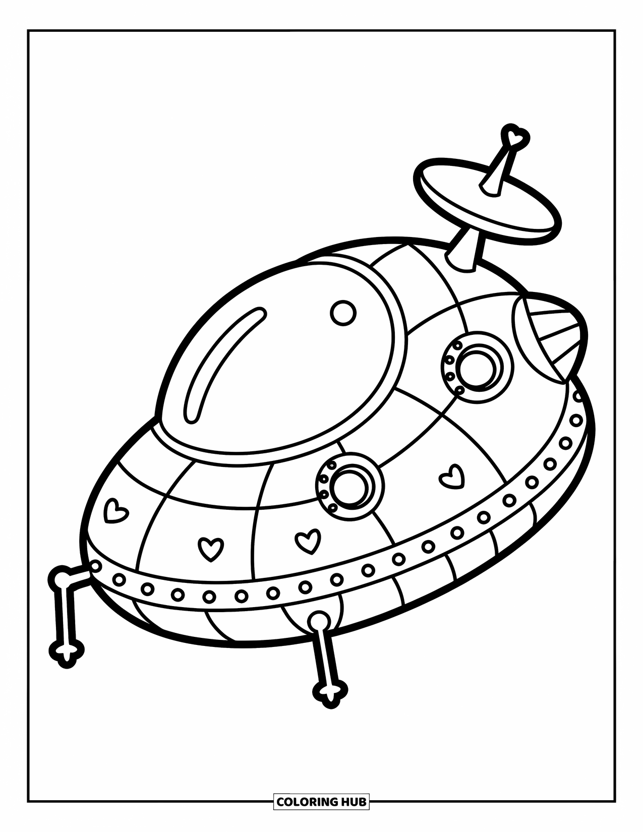 Spaceship Coloring Page for Adults: Oval spaceship with heart rivets, floppy radar, and ear-like boosters