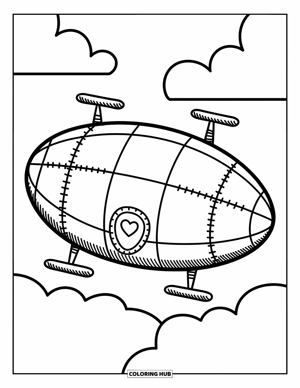 Spaceship Coloring Page for Adults: Oval spaceship with icing-like ridges, wing fins, and a heart-shaped hatch