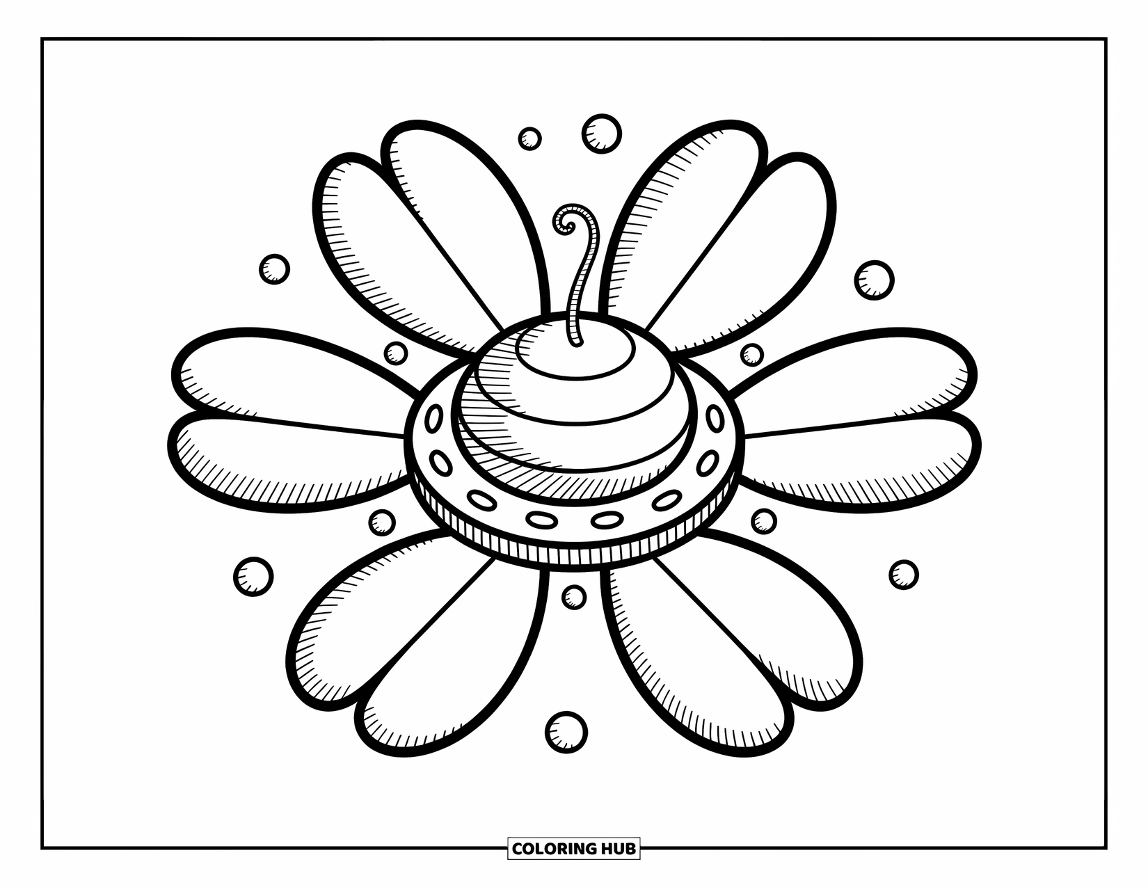Spaceship Coloring Page for Adults: Petaled spaceship with spiral top and glowing orbs floats in calm space