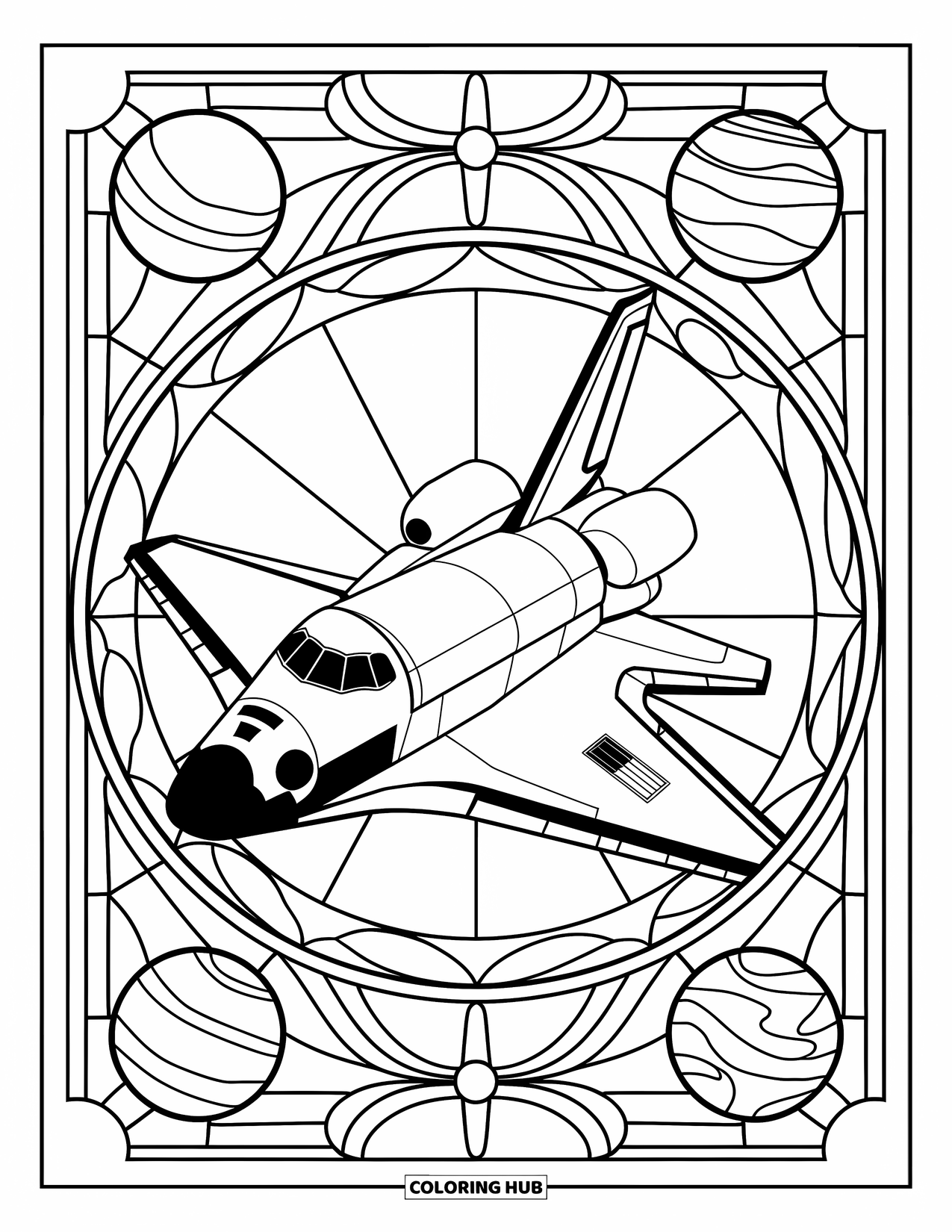 Spaceship Coloring Page for Adults: Shuttle in a stained-glass panel with planets at each corner