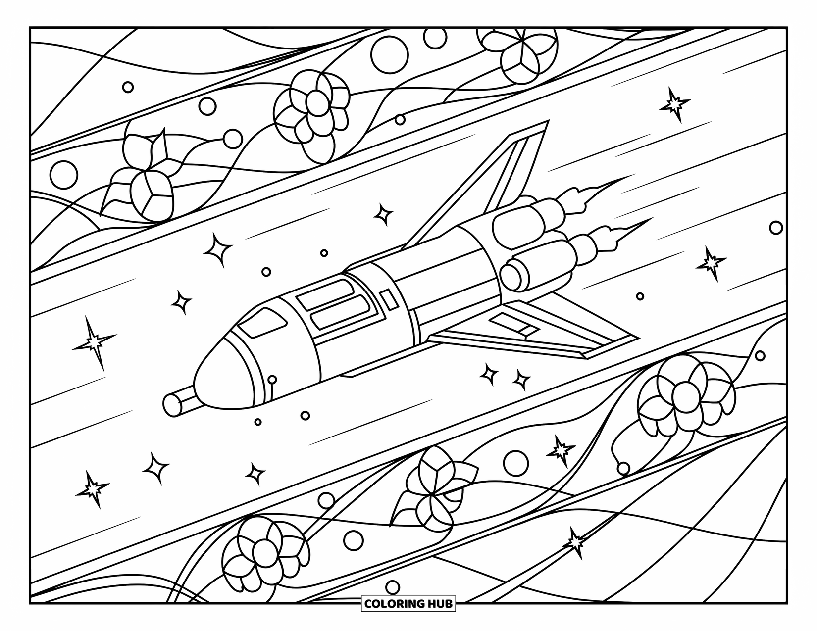 Spaceship Coloring Page for Adults: Spacecraft flies through stars framed by stained-glass cosmic flowers and orbits