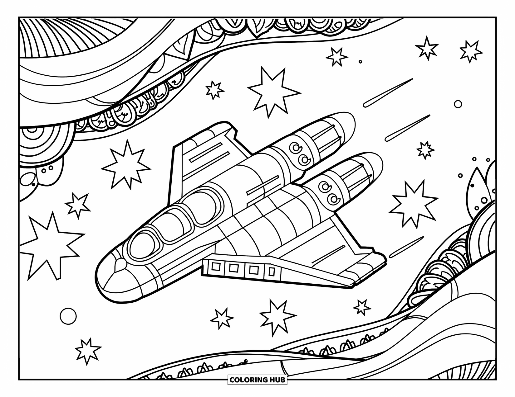 Spaceship Coloring Page for Adults: Spaceship among stars with swirling leaves and detailed floral background