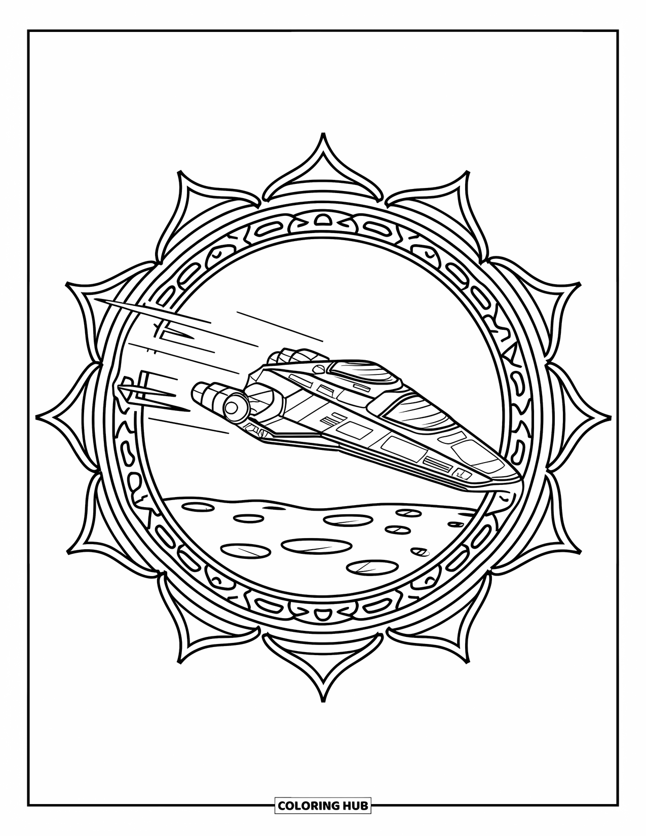 Spaceship Coloring Page for Adults: Spaceship drifts over moon craters inside a detailed mandala ring