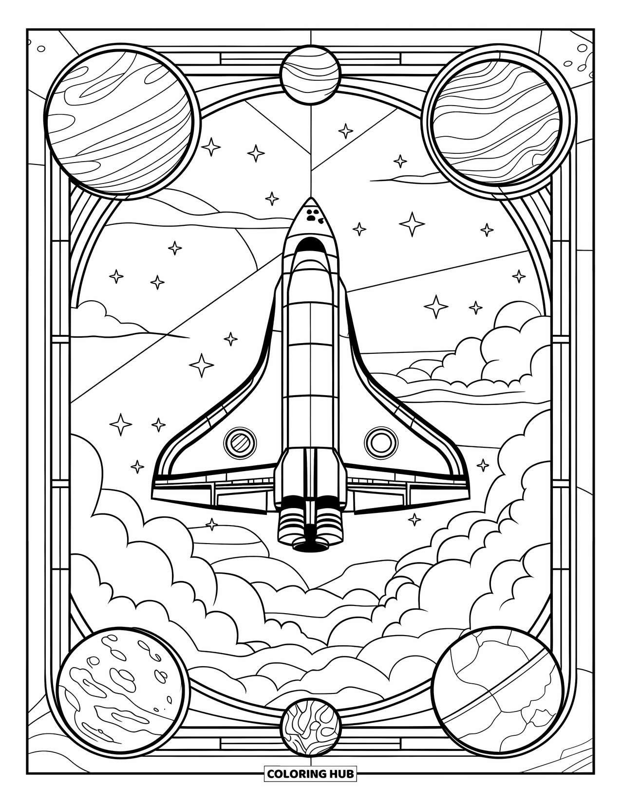Spaceship Coloring Page for Adults: Stained-glass frame with a shuttle and planets in all four corners