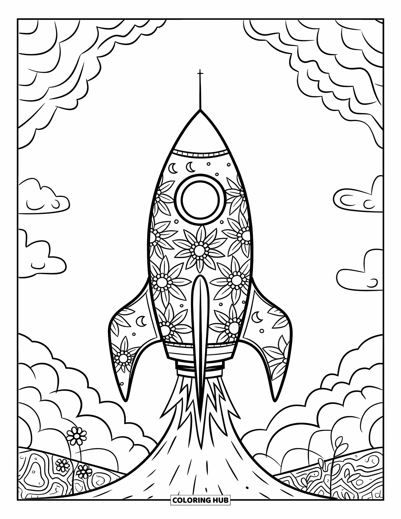 Spaceship Coloring Page for Adults: Vertical rocket with flower mandalas, moons, and a textured ground below