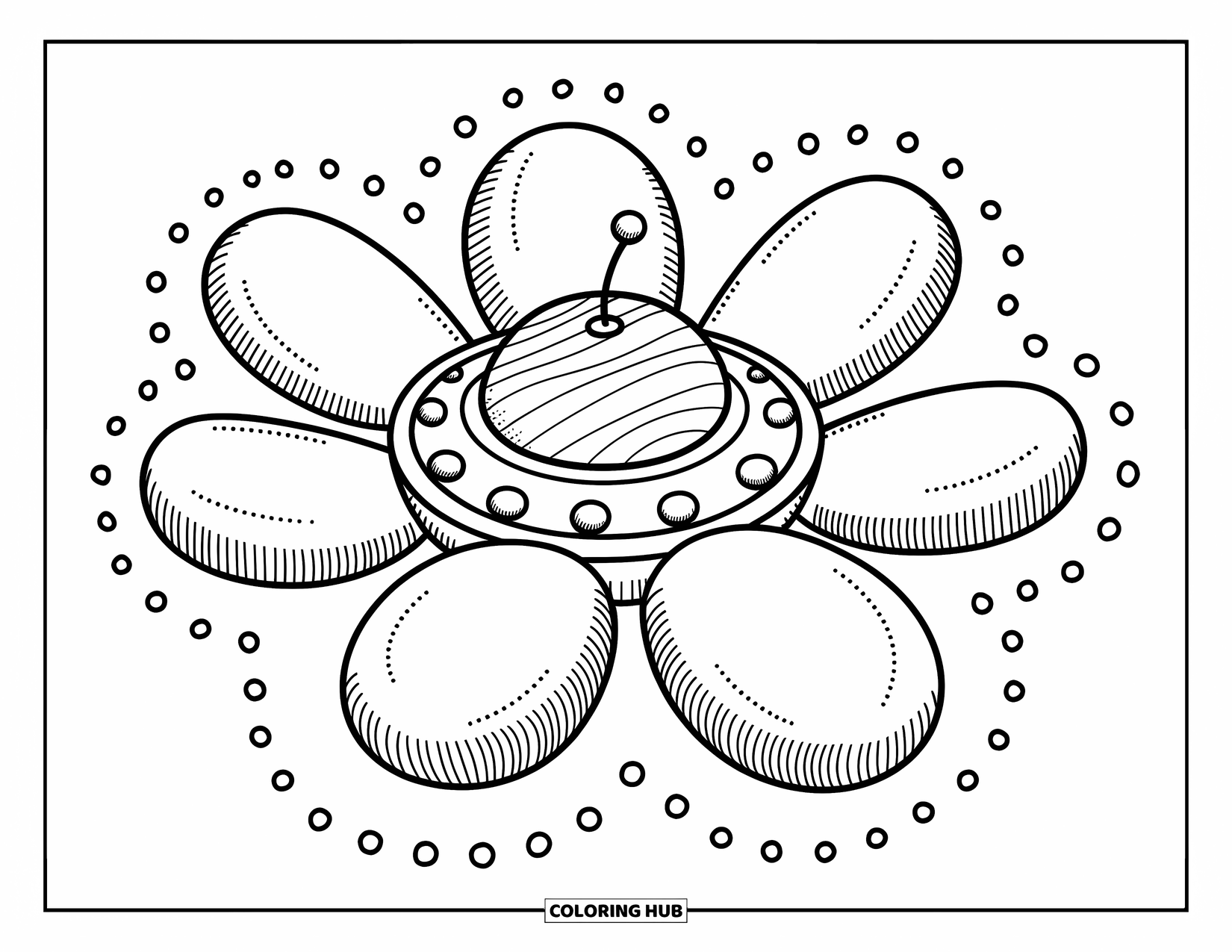 Spaceship Coloring Page for Adults: Whimsical spaceship with flower-like petals and a spiral dome floats peacefully