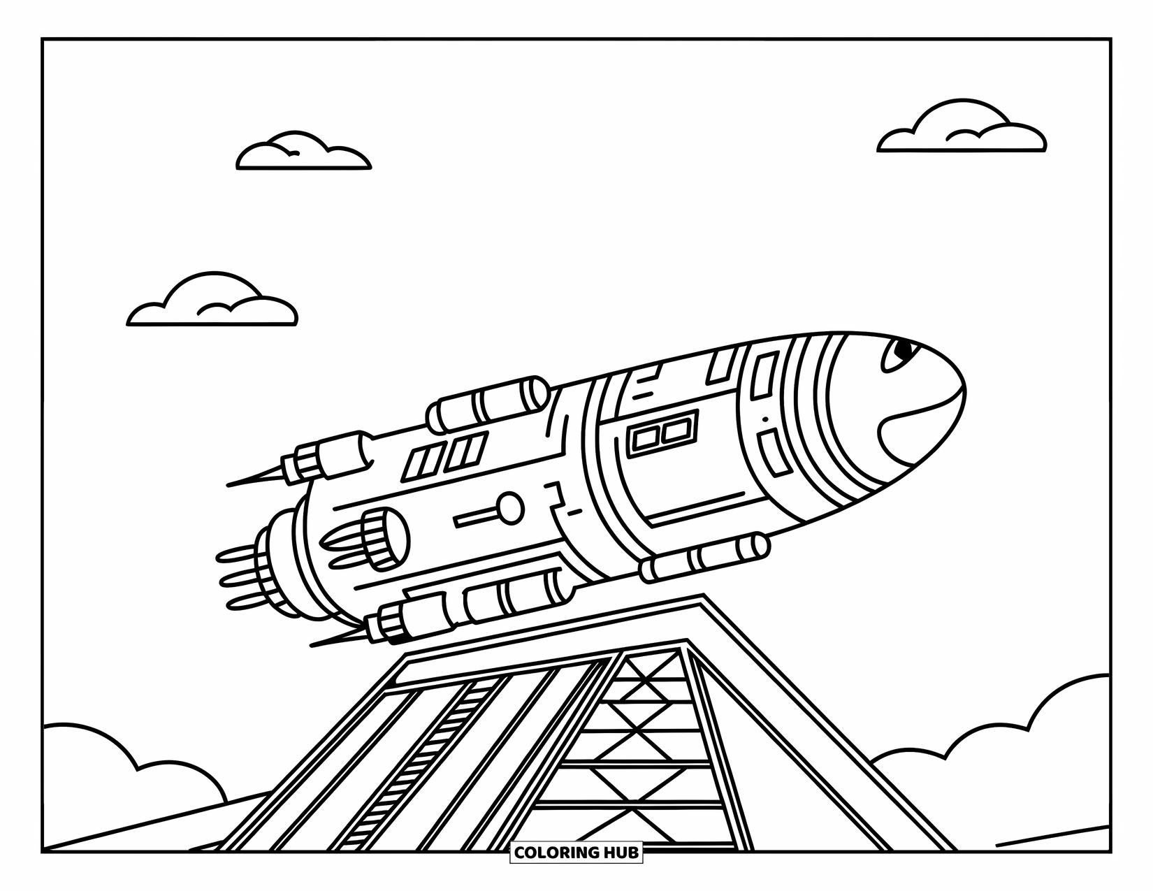 Spaceship Coloring Page for Kids: Chunky spaceship with windows sits on a launchpad under a bright sky