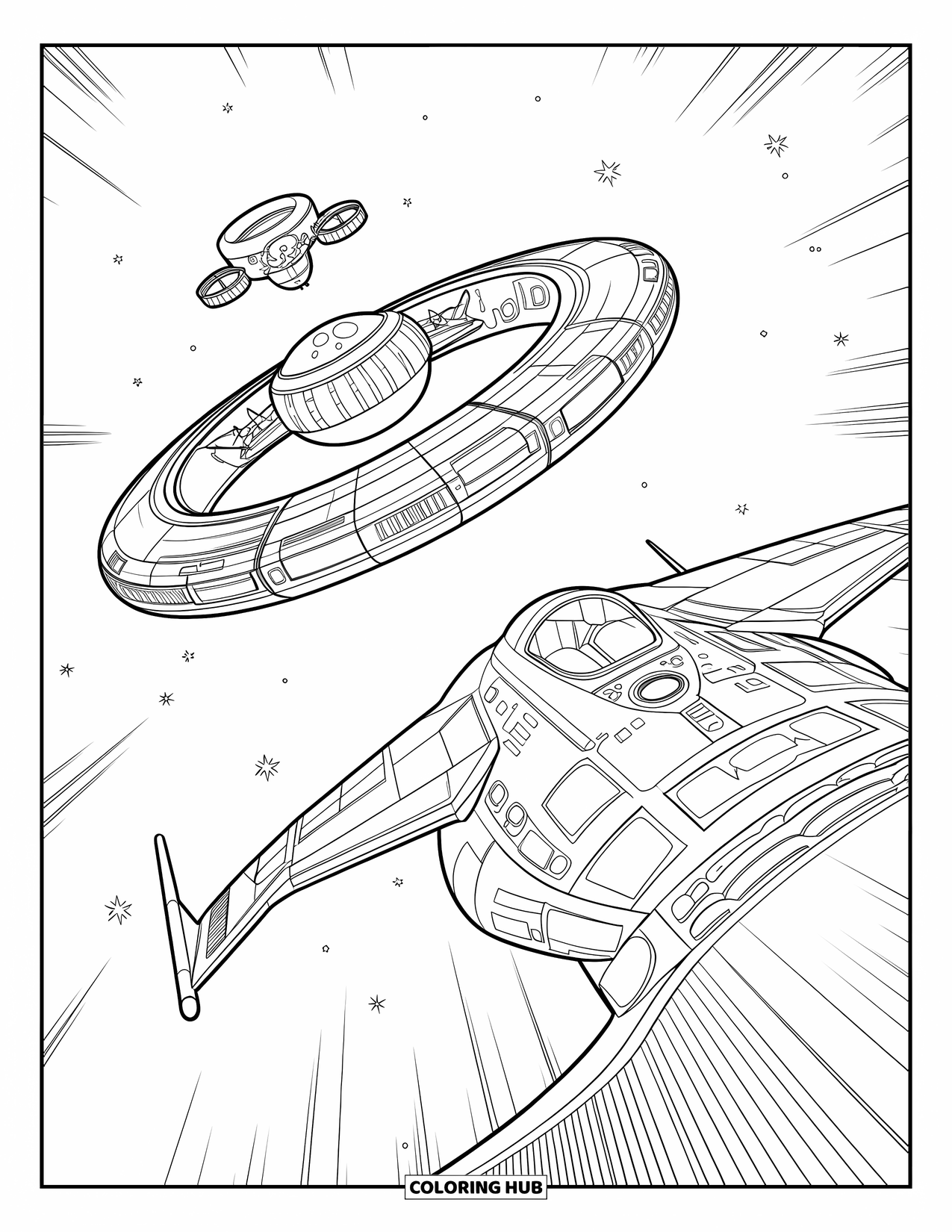Spaceship Coloring Page for Kids: Curved spaceship gently docks with a floating satellite in open space