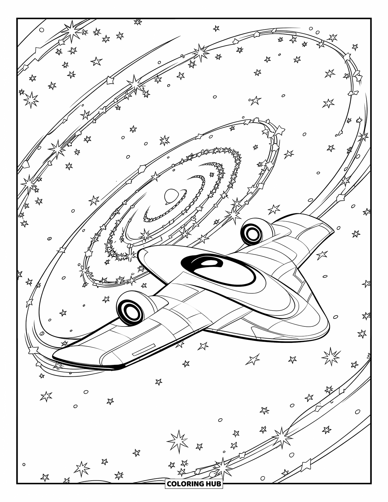 Spaceship Coloring Page for Kids: Curved spaceship glides through swirling stars in a bright spiral galaxy