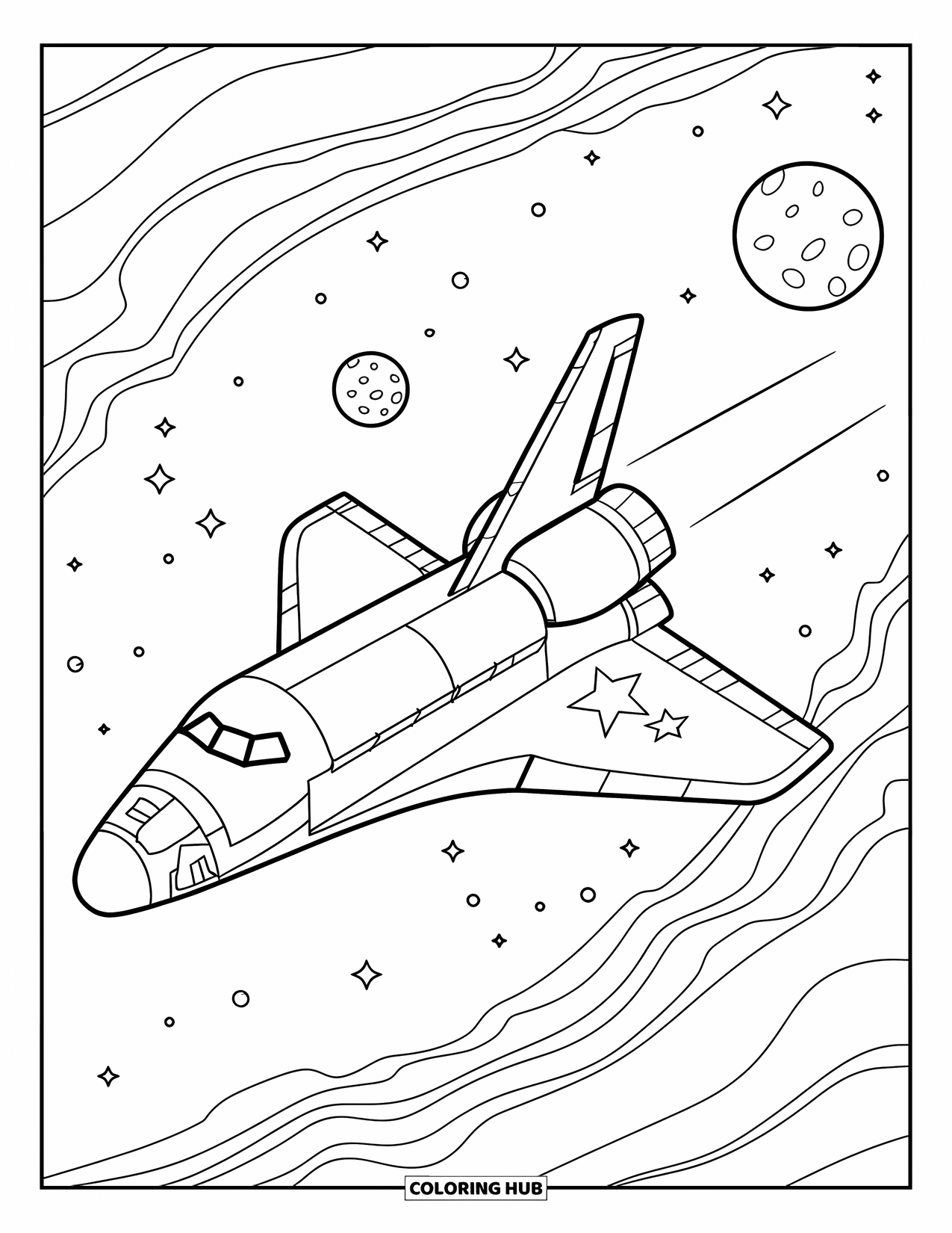 Spaceship Coloring Page for Kids: Decorated shuttle soars past a starry nebula and cratered moons