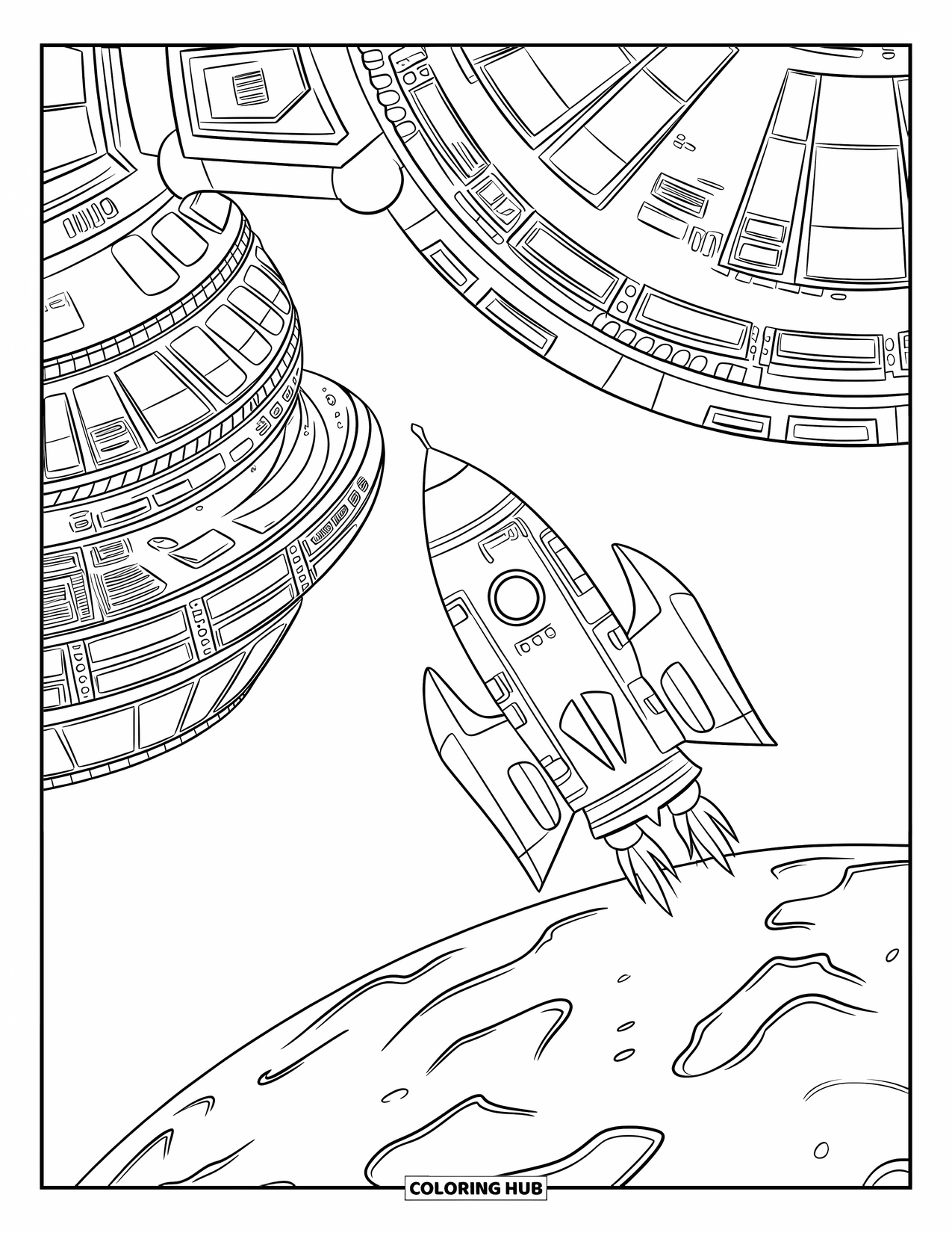 Spaceship Coloring Page for Kids: Explorer ship floats near a space station above a cratered planet