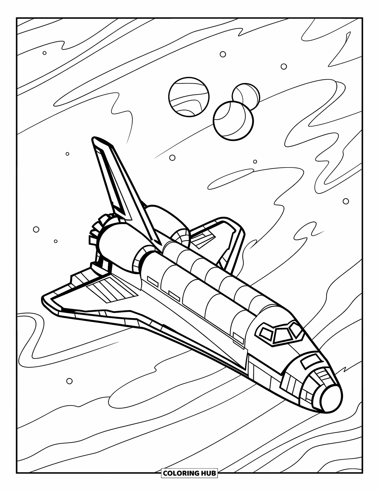 Spaceship Coloring Page for Kids: Modern shuttle travels through a spiral nebula with three glowing moons