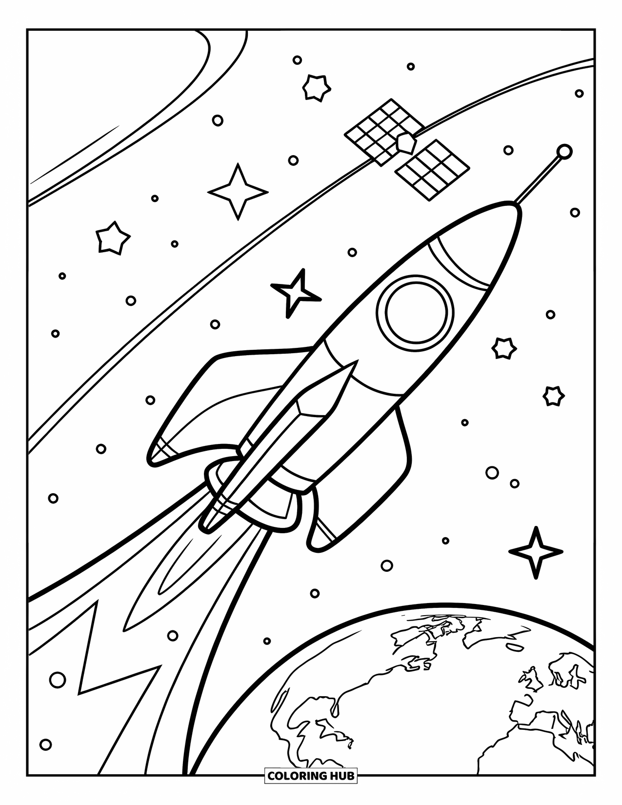 Spaceship Coloring Page for Kids: Pointed rocket launches with Earth, stars, and a nearby satellite in view