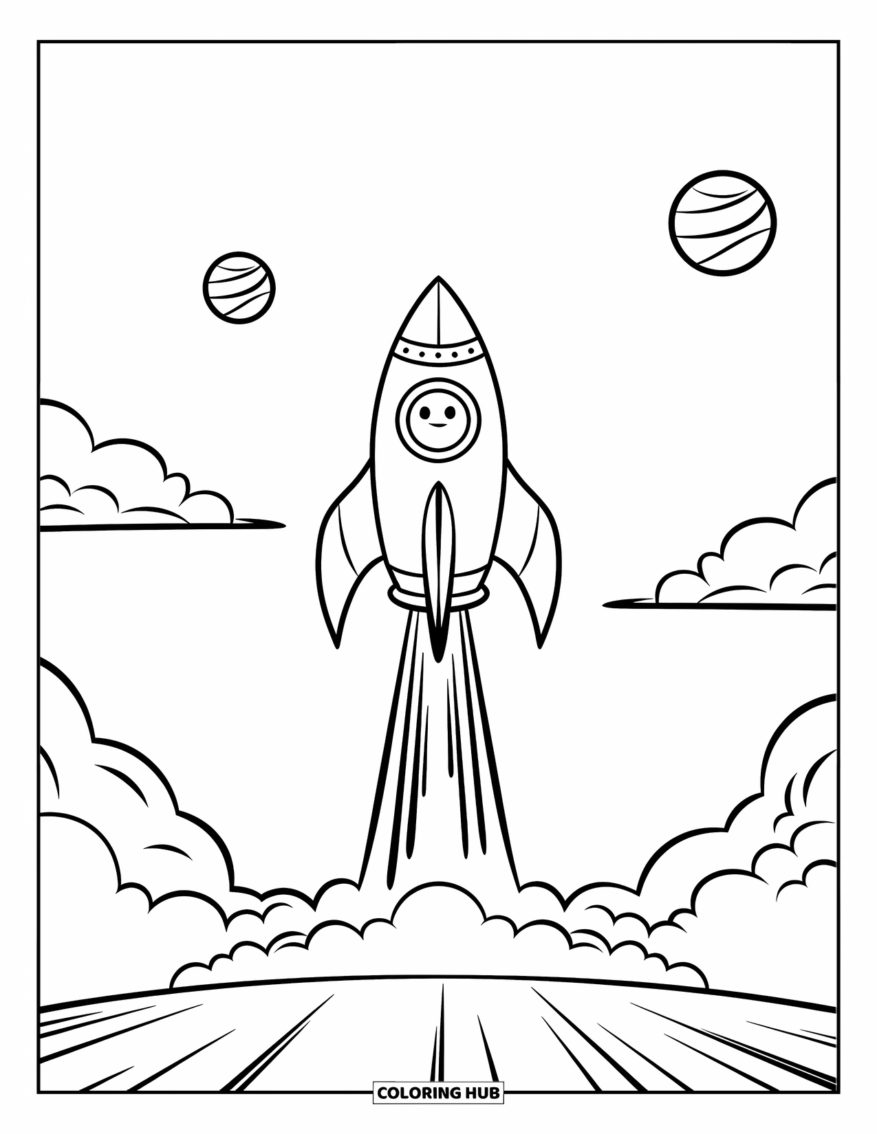 Spaceship Coloring Page for Kids: Rocket with a happy face soars up through clouds and planets