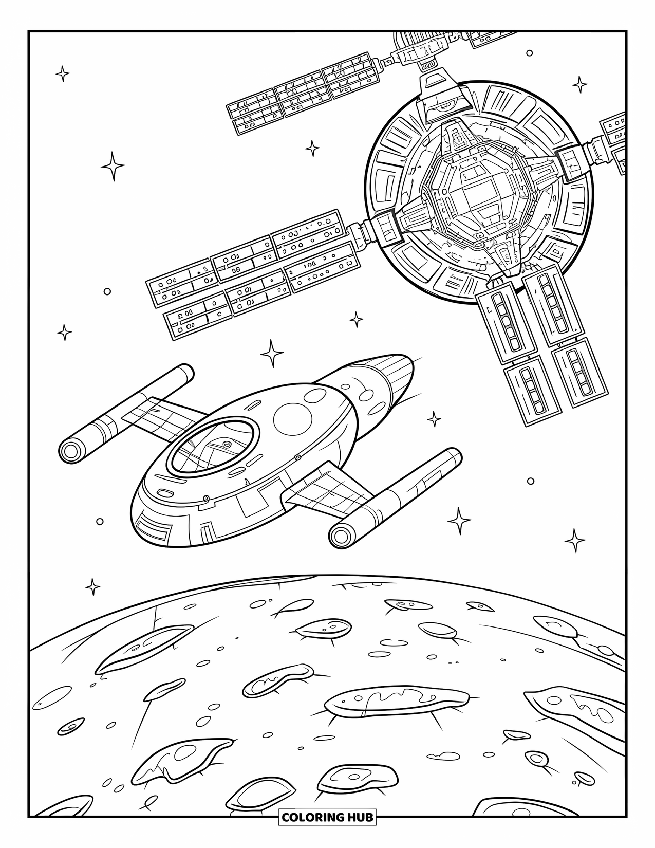 Spaceship Coloring Page for Kids: Round ship hovers near a station while stars scatter across the sky