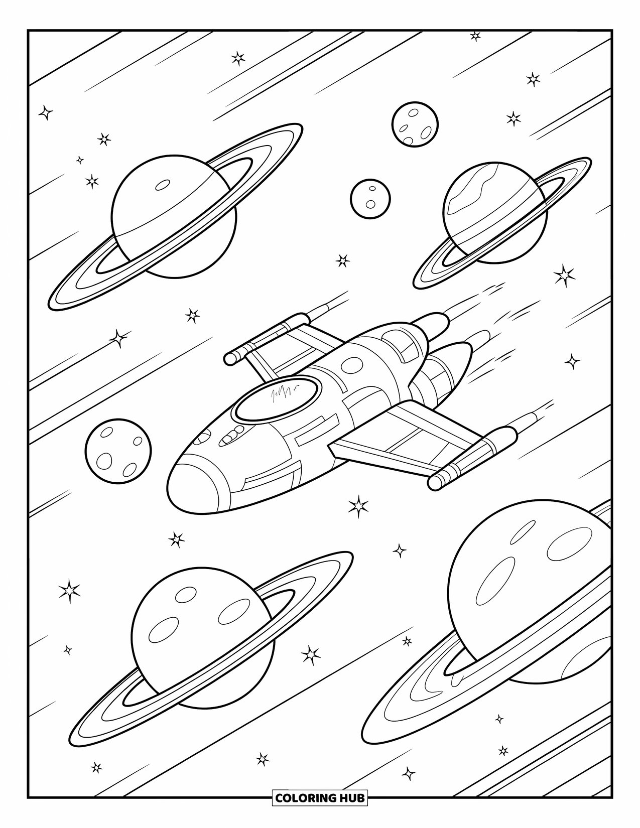 Spaceship Coloring Page for Kids: Round spaceship flies through space with ringed planets and tiny moons