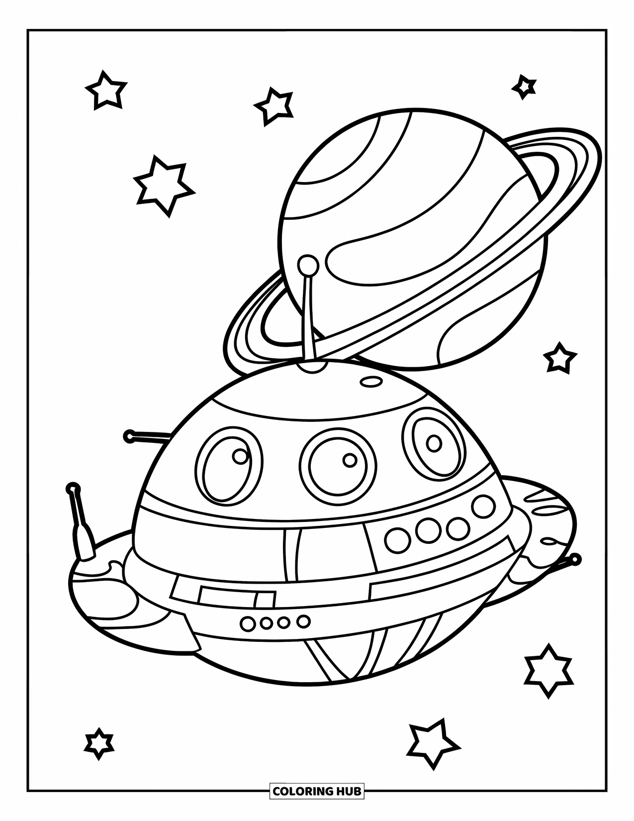 Spaceship Coloring Page for Kids: Round spaceship floats beside a ringed planet and stars in deep space