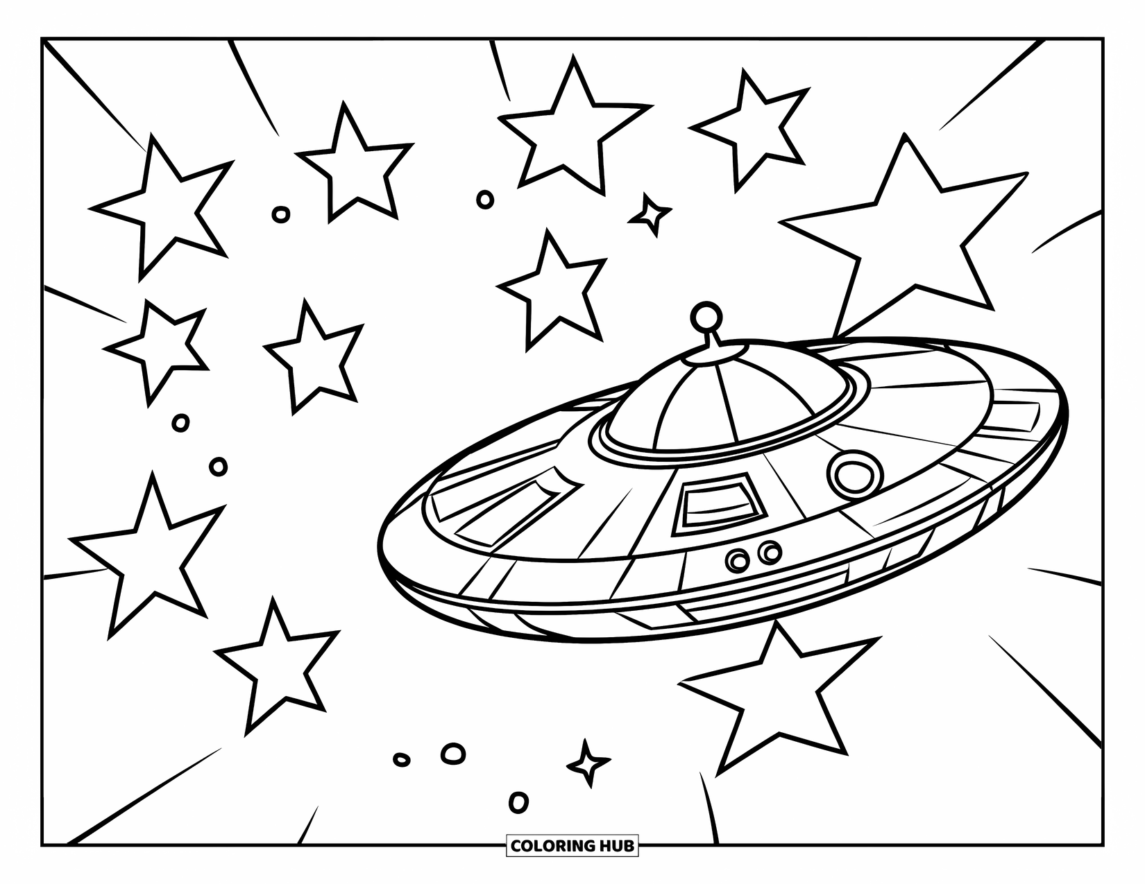 Spaceship Coloring Page for Kids: Round spaceship glides past a rare star alignment in deep space