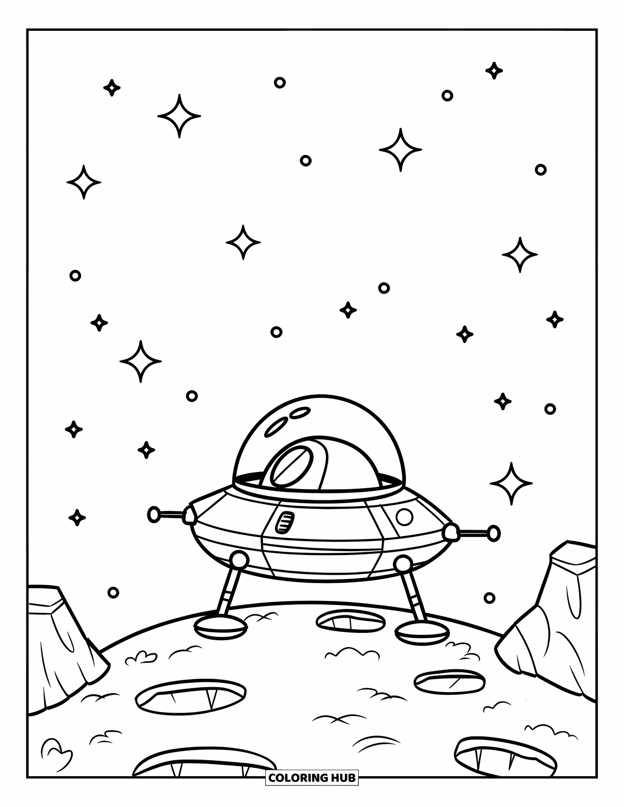 Spaceship Coloring Page for Kids: Round spaceship lands on a rocky moon with craters and stars