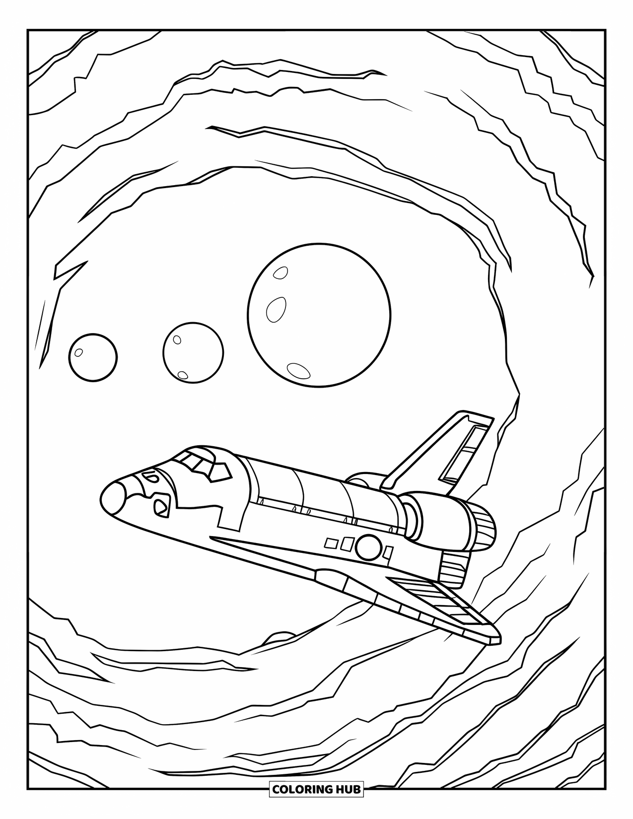 Spaceship Coloring Page for Kids: Shuttle with open wings flies through cloud-like nebula and smooth moons