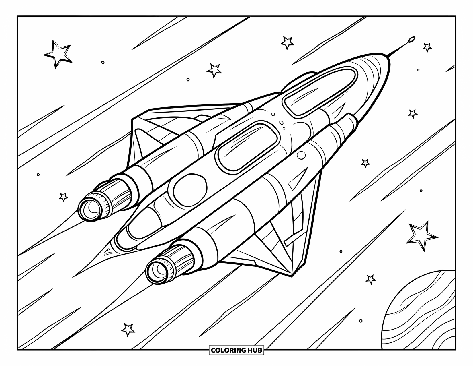 Spaceship Coloring Page for Kids: Sleek spaceship blasts off into space framed by stars and a distant planet