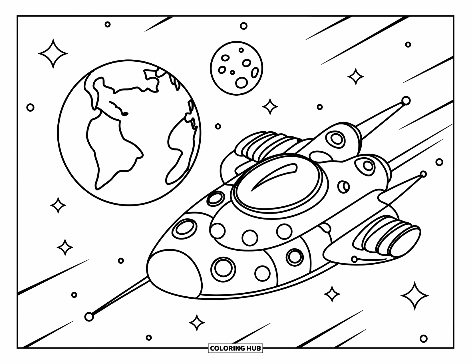 Spaceship Coloring Page for Kids: Sleek spaceship orbits tiny Earth and moon in a playful space scene