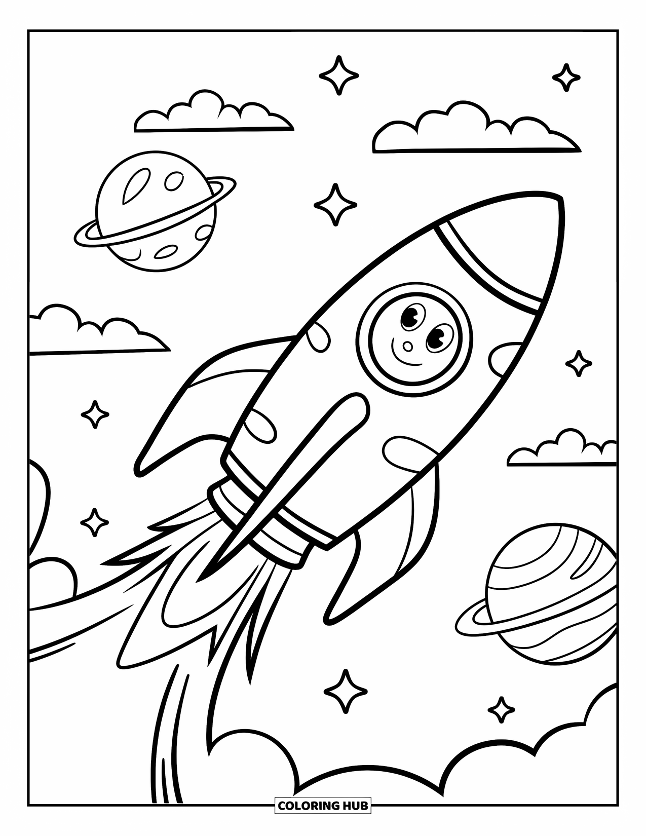 Spaceship Coloring Page for Kids: Smiling rocket blasts off past fluffy planets and bold clouds