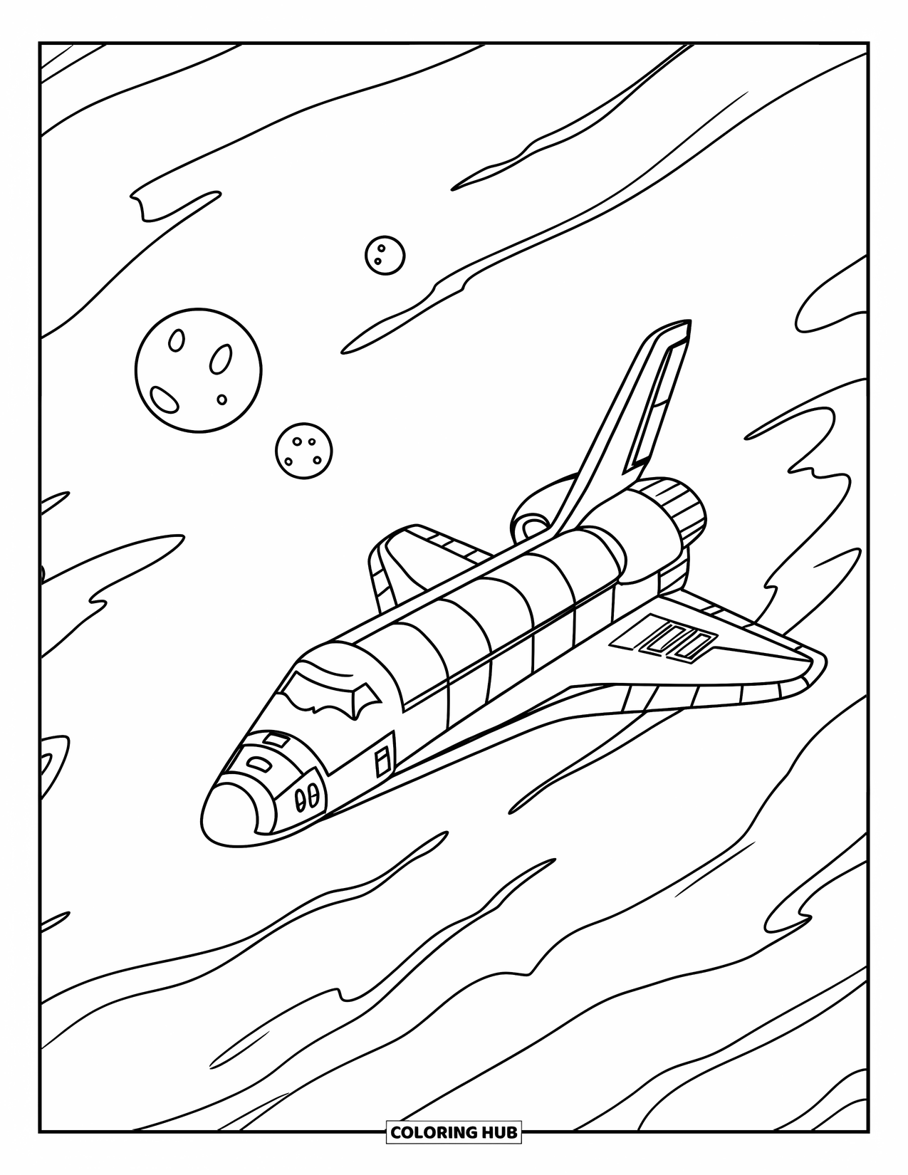 Spaceship Coloring Page for Kids: Space shuttle flies through a swirling nebula with three distant moons
