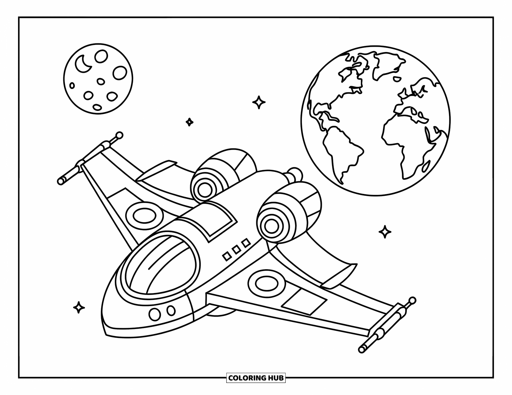 Spaceship Coloring Page for Kids: Spaceship with round windows orbits a tiny Earth and moon