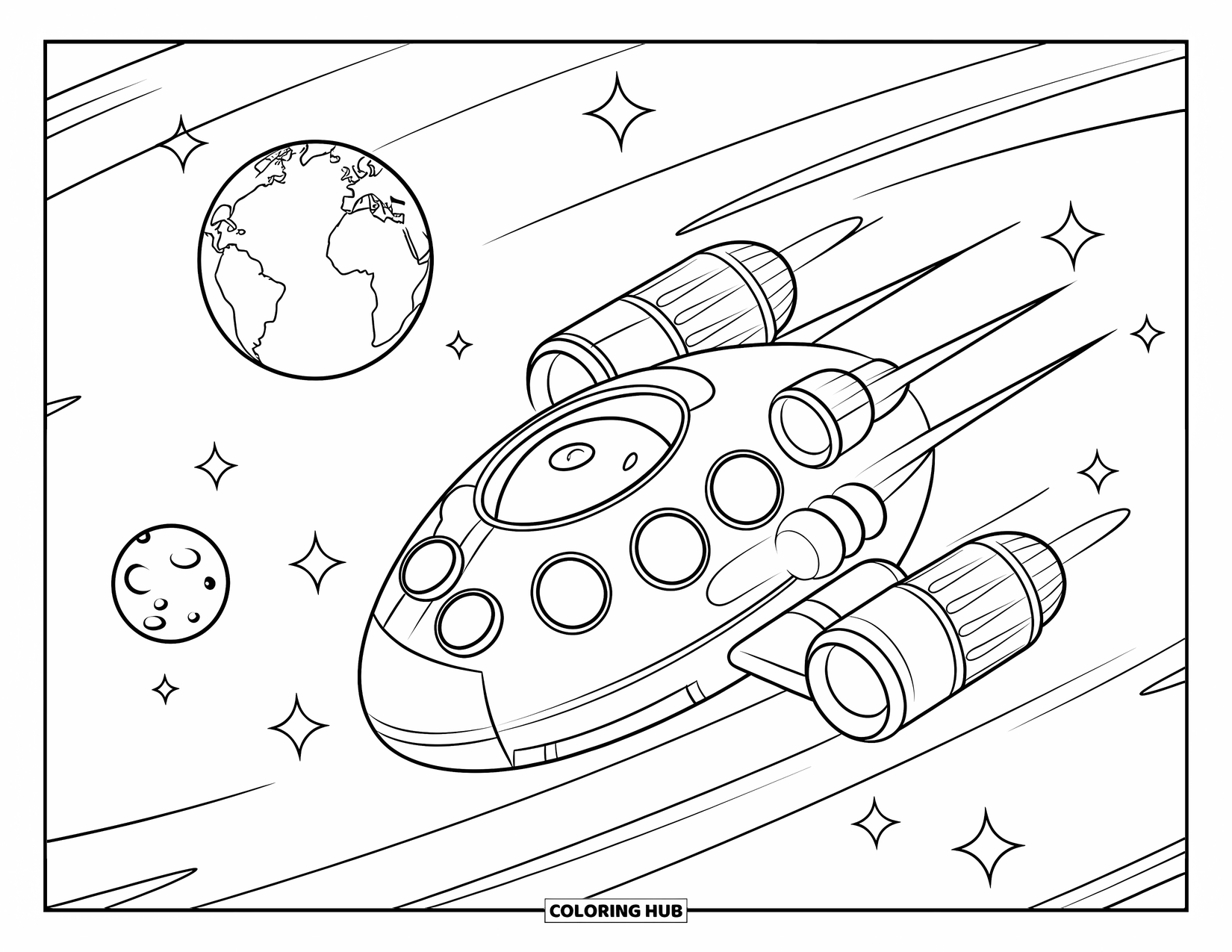 Spaceship Coloring Page for Kids: Spherical ship with engines floats past a little Earth and moon