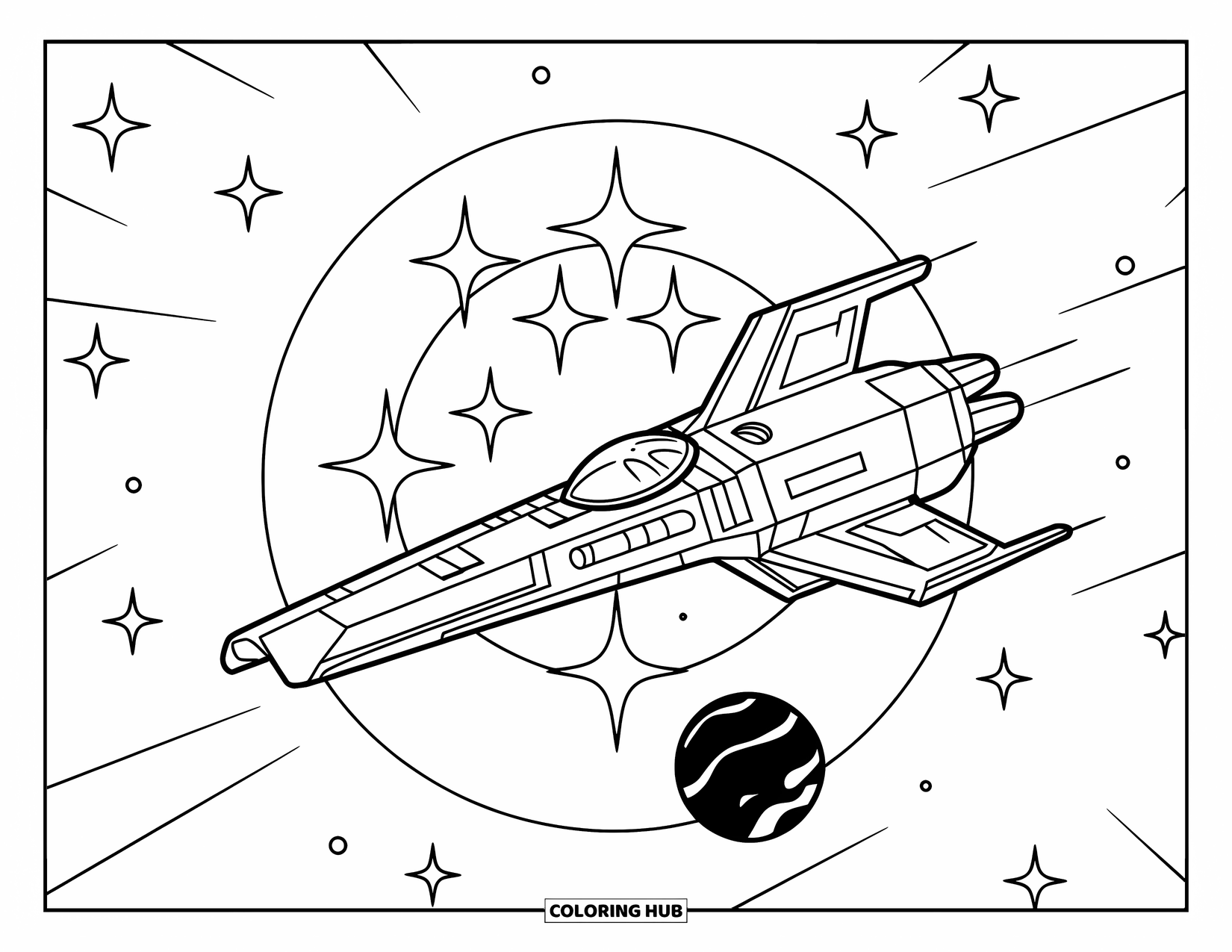 Spaceship Coloring Page for Kids: Streamlined spaceship glides past stars and a tiny dark planet