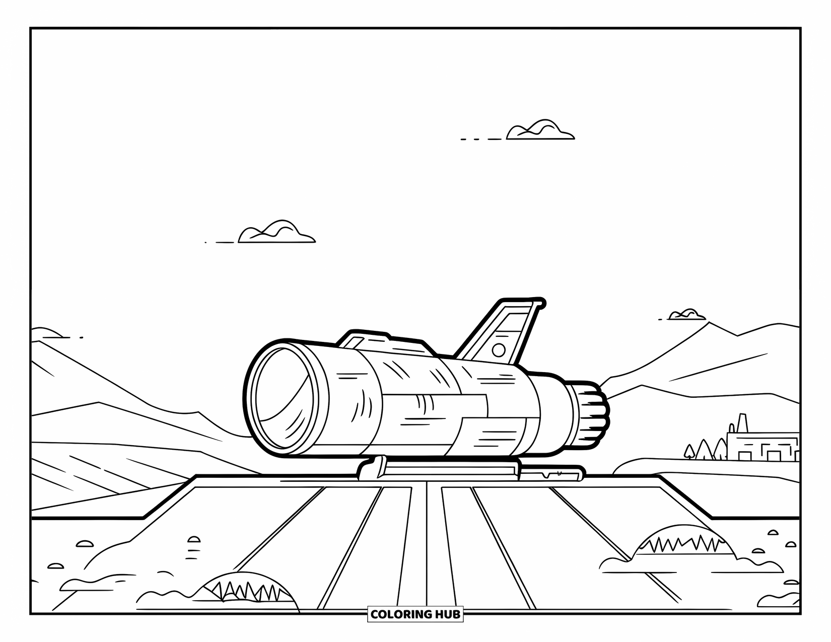Spaceship Coloring Page for Kids: Thick spaceship rests on a launchpad beneath three tiny clouds