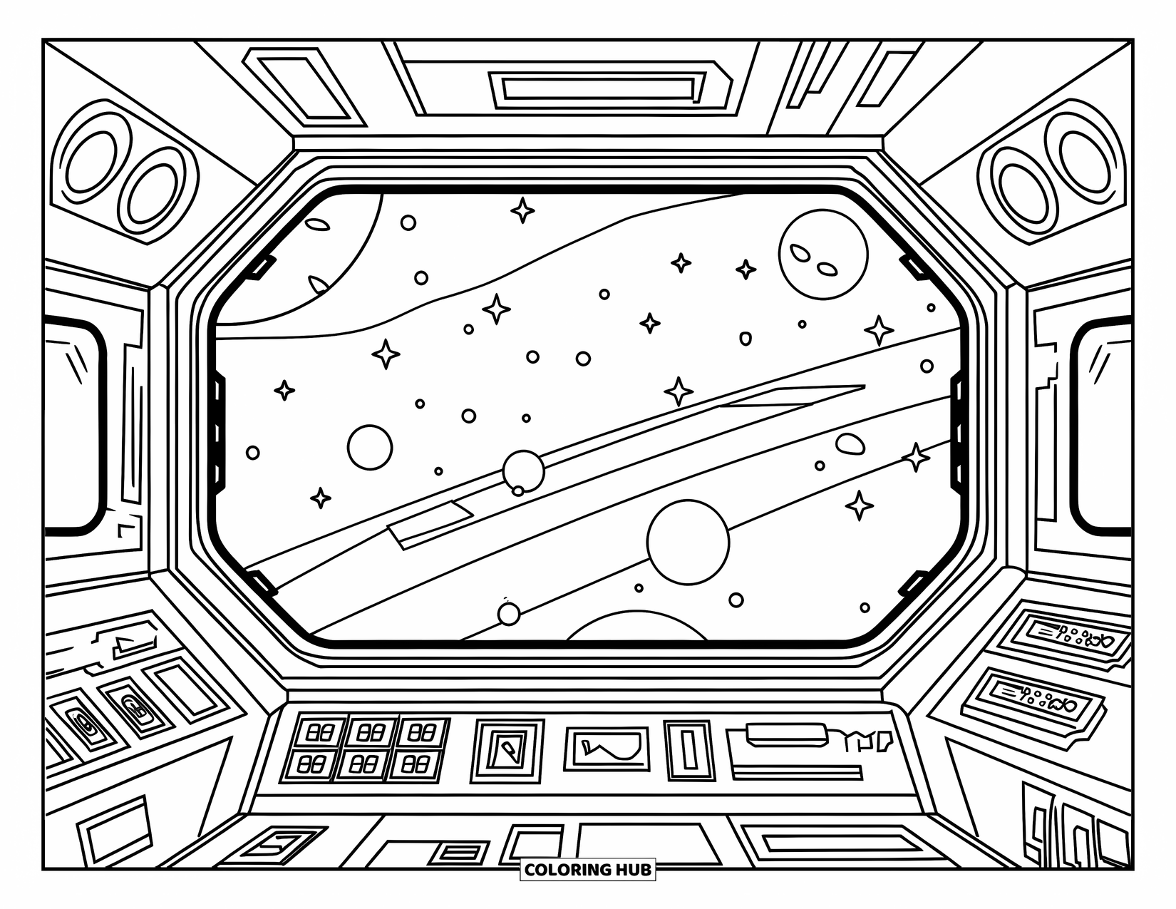 Spaceship Coloring Page for Kids: View from a spaceship cockpit showing stars and nearby planets