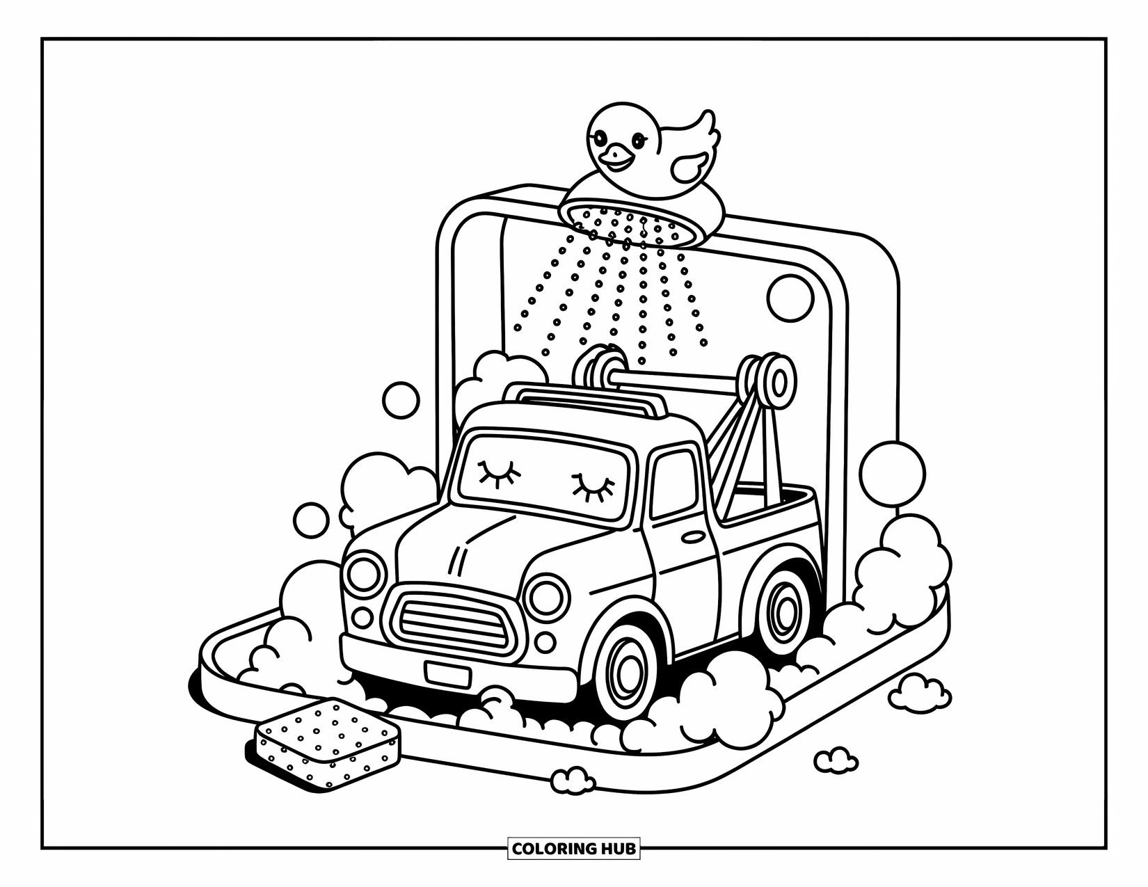 Tow Truck Coloring Page for Adults: A cheerful tow truck enjoys a bubbly bath with a sponge and duck-shaped fan nearby