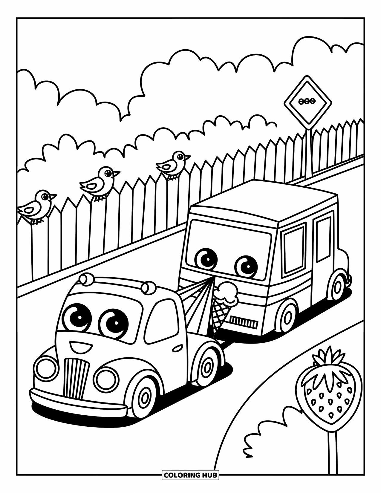 Tow Truck Coloring Page for Adults: A cheerful tow truck pulls an ice cream truck as birds watch and cones add charm
