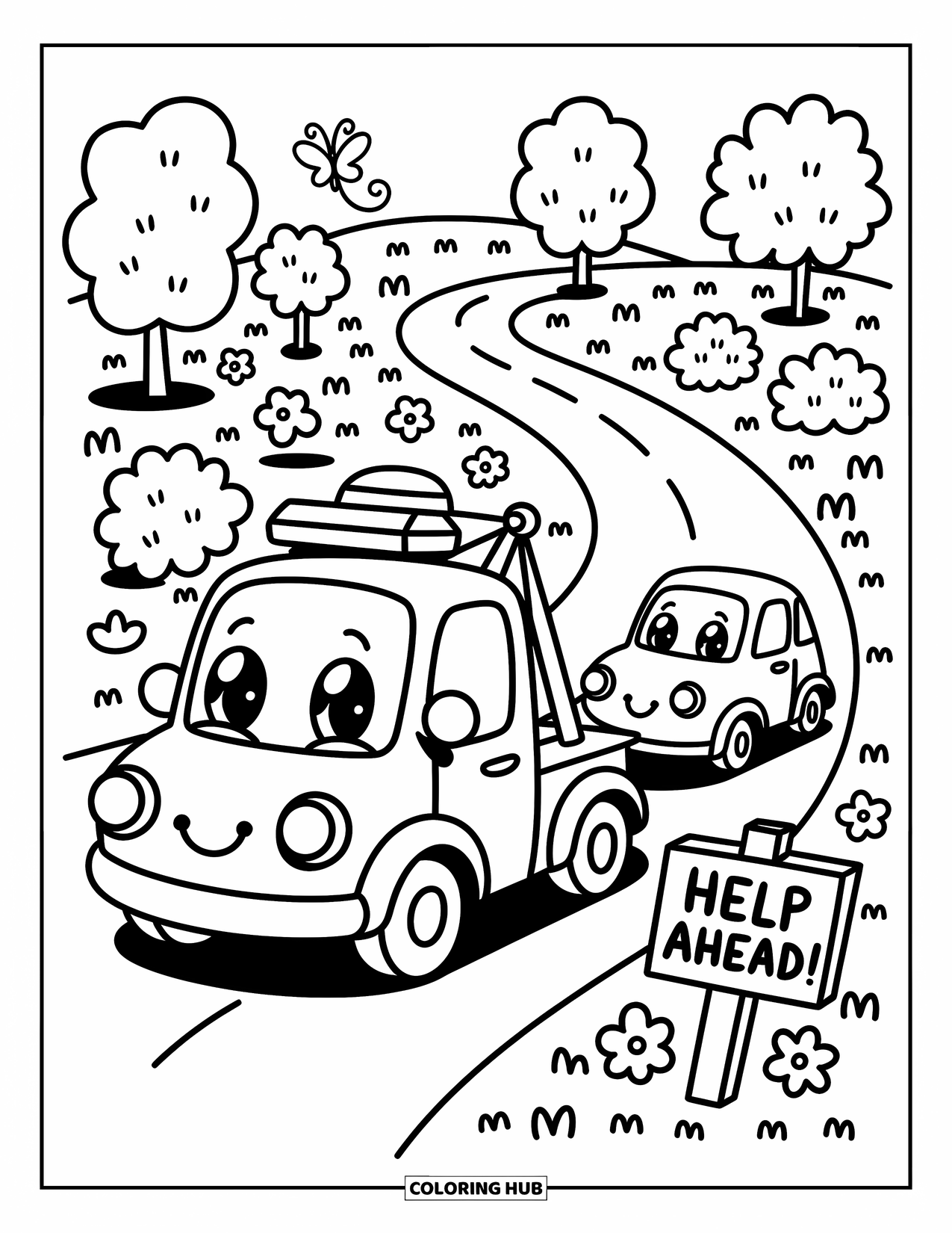 Tow Truck Coloring Page for Adults: A cheerful truck tows a tiny smiling car as a butterfly floats and a sign cheers
