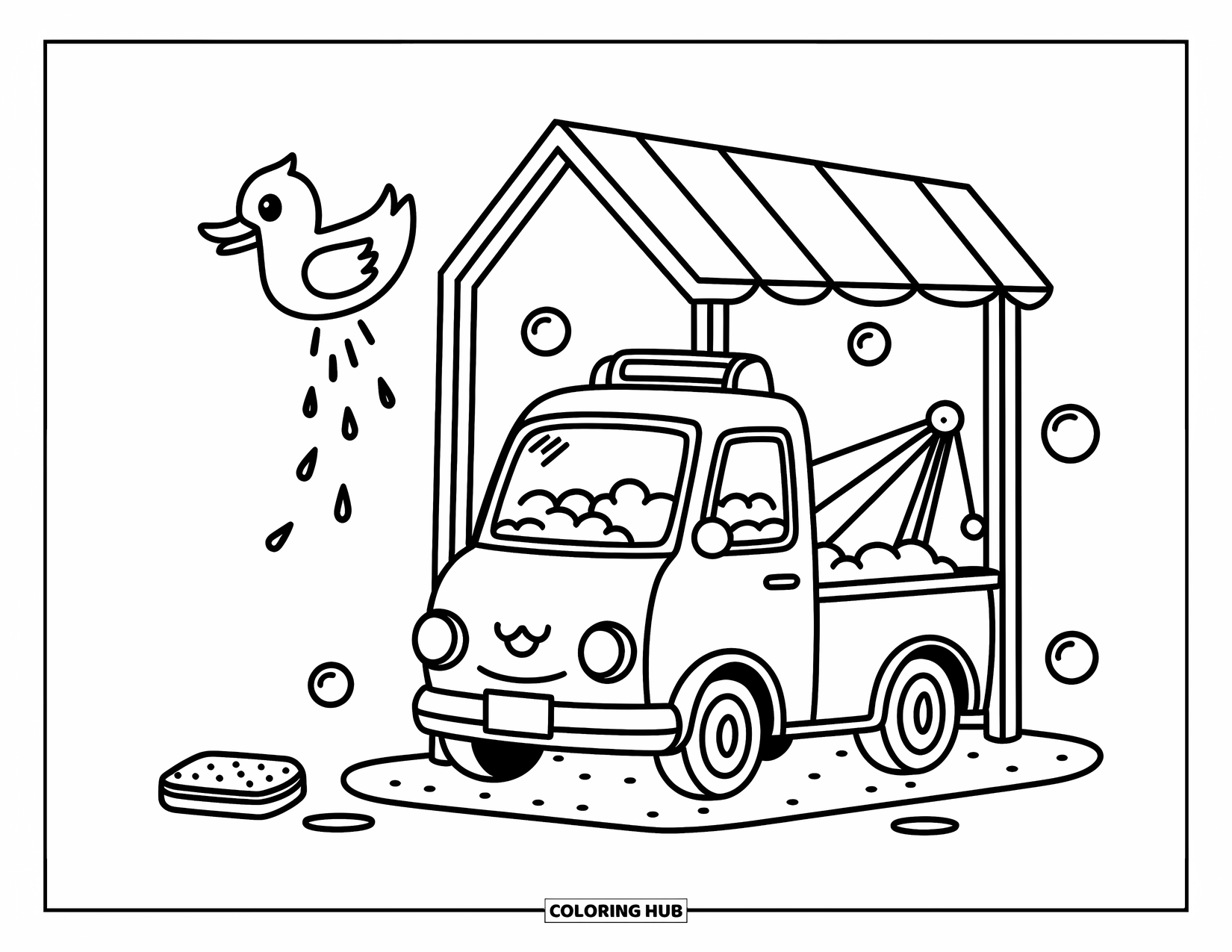 Tow Truck Coloring Page for Adults: A happy tow truck relaxes in a bubbly wash with a duck fan blowing gently above