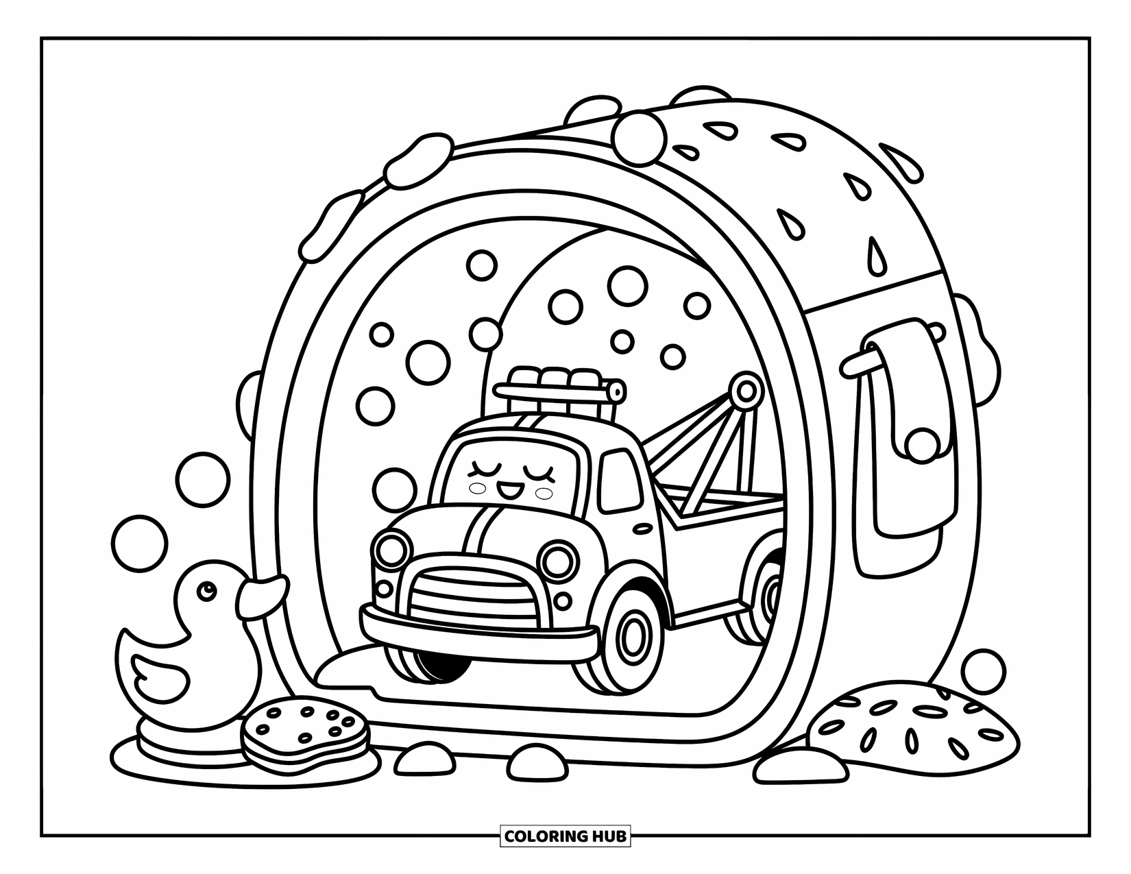 Tow Truck Coloring Page for Adults: A kawaii tow truck enjoys a bubbly wash with a duck fan and floating suds