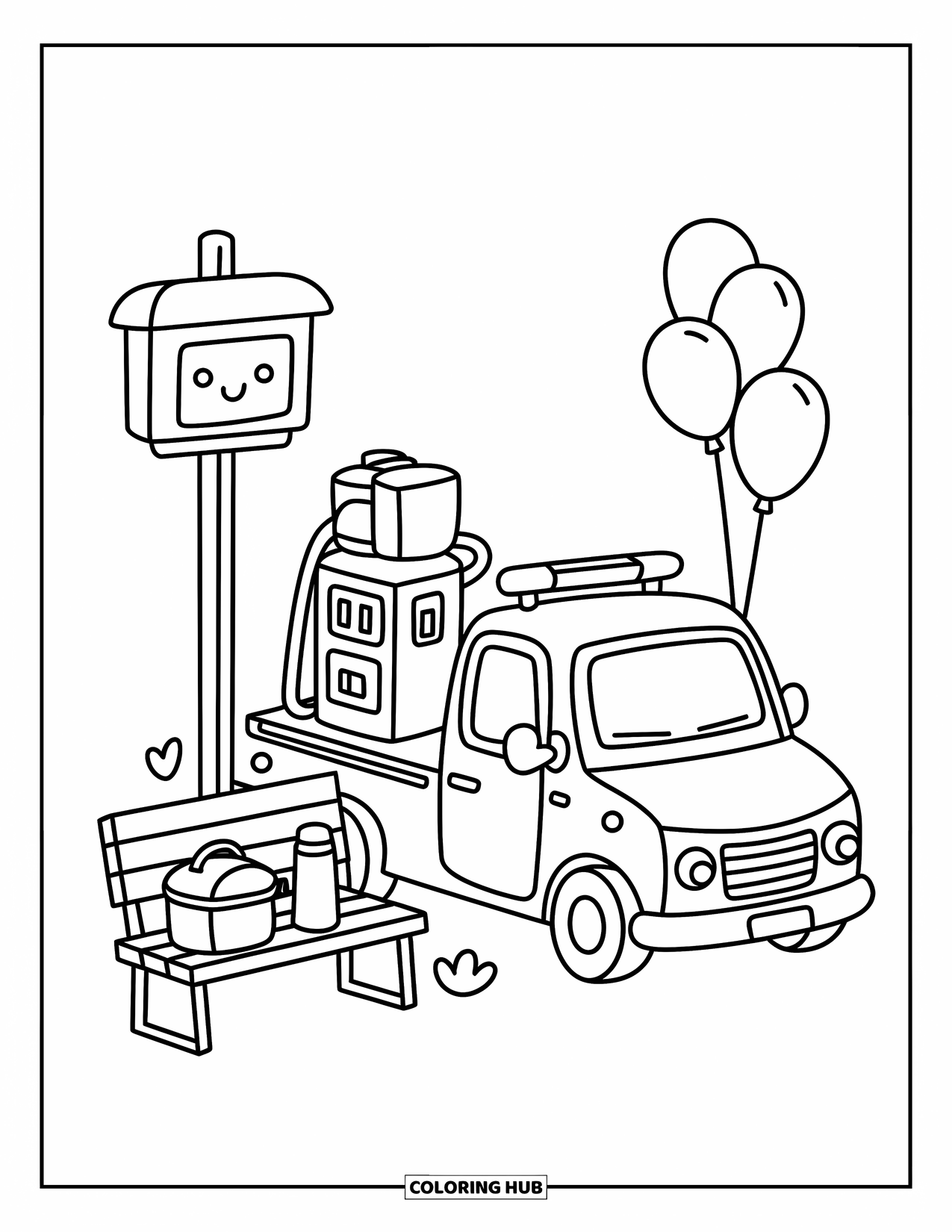 Tow Truck Coloring Page for Adults: A tow truck rests at a round gas station while balloons float and lunch waits nearby