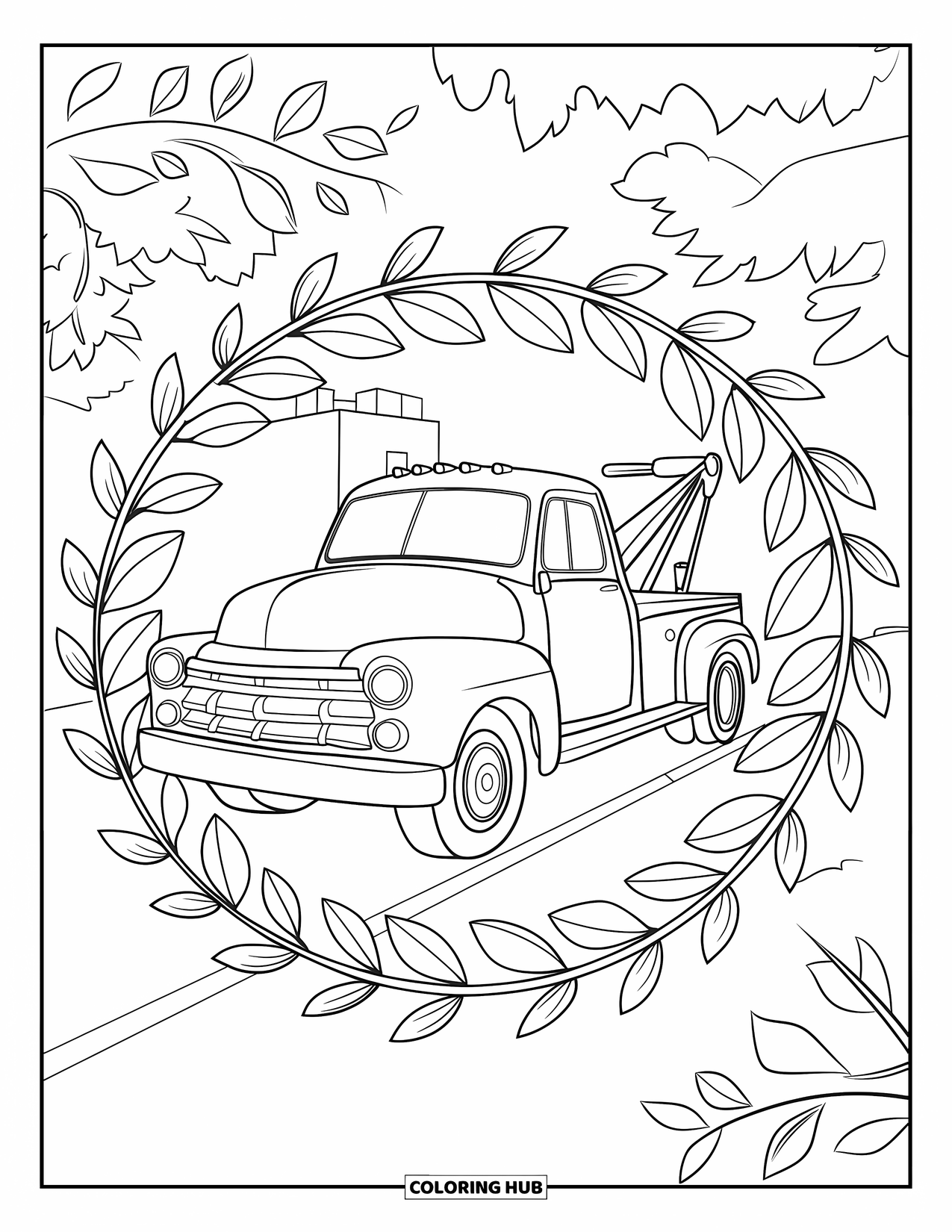 Tow Truck Coloring Page for Adults: Classic tow truck surrounded by layered leaves and flowers on a road