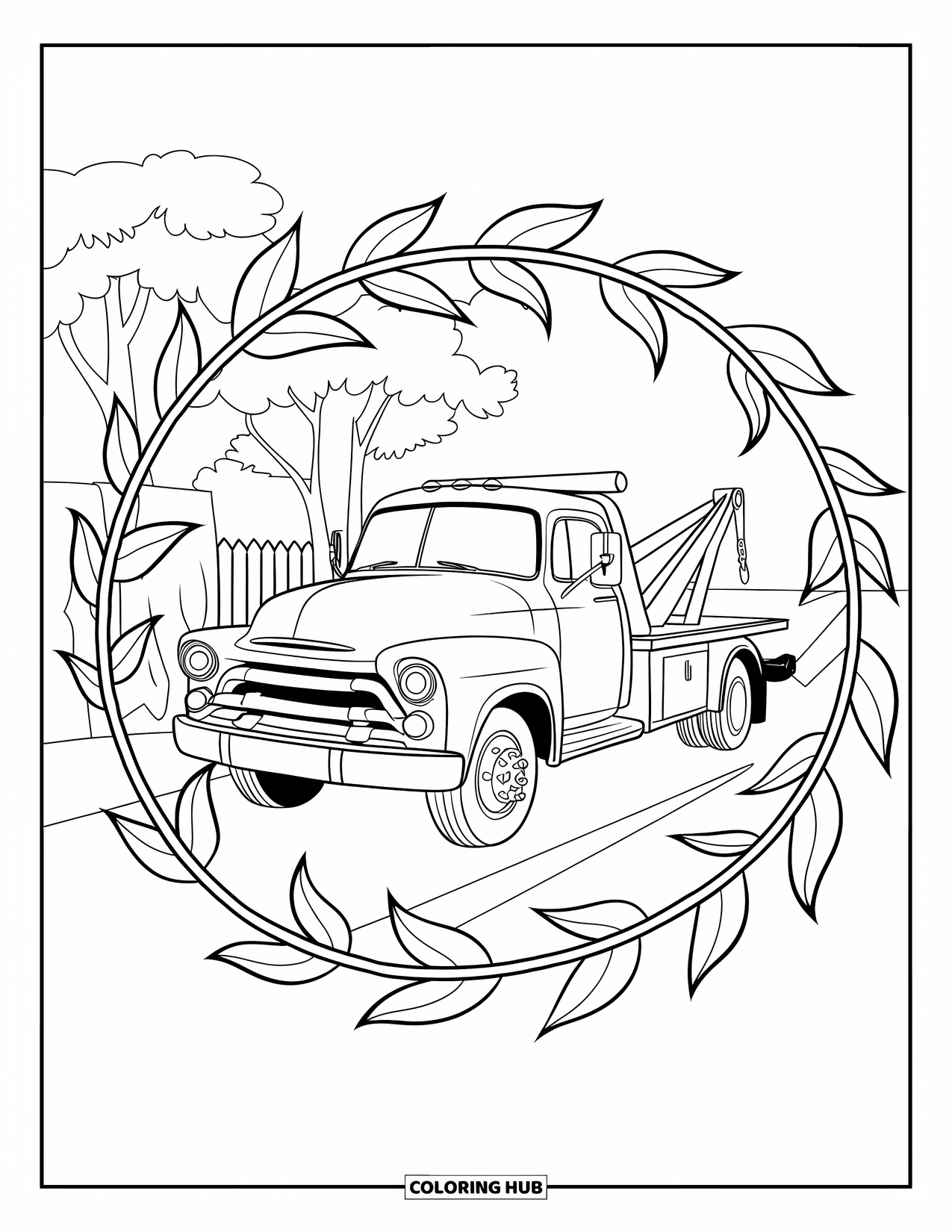 Tow Truck Coloring Page for Adults: Flatbed tow truck parked near trees, surrounded by leaves and petals