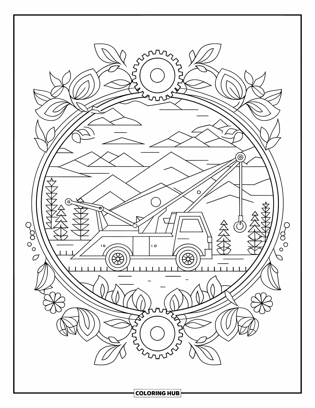Tow Truck Coloring Page for Adults: Tow truck near mountains and water, with floral and gearwheel elements