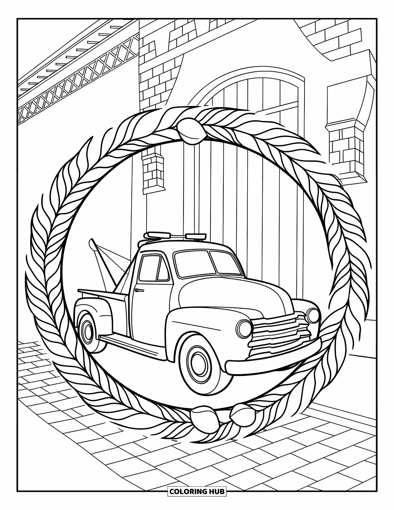 Tow Truck Coloring Page for Adults: Tow truck on cobblestone road framed by building and floral details