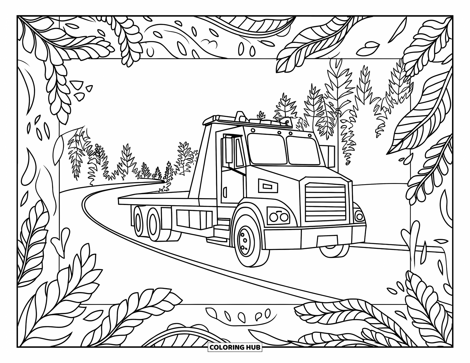 Tow Truck Coloring Page for Adults: Tow truck parked in a forest with leafy, artistic patterns