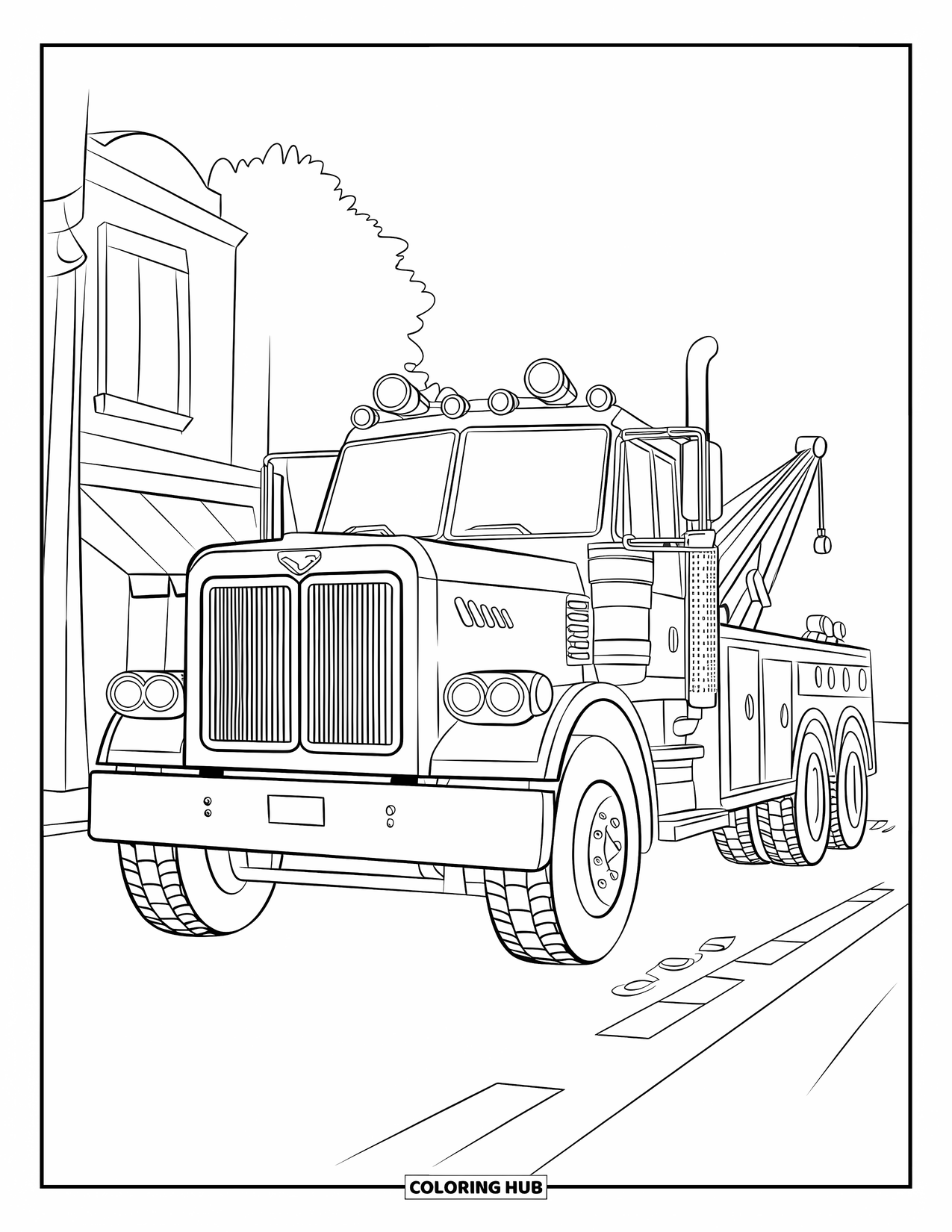 Tow Truck Coloring Page for Kids: A chunky tow truck with huge lights is ready on the street