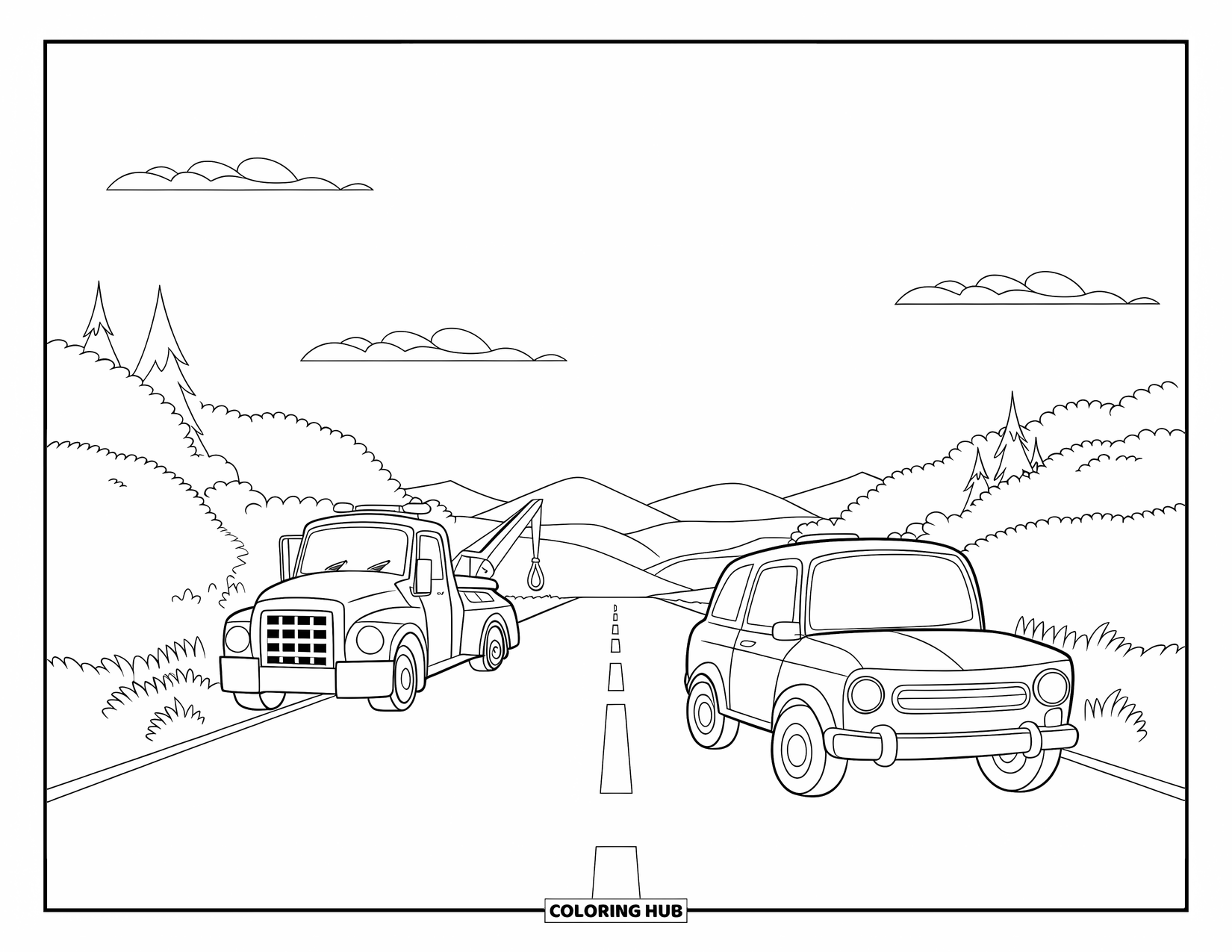 Tow Truck Coloring Page for Kids: A cute truck and car drive past trees and mountains in the distance